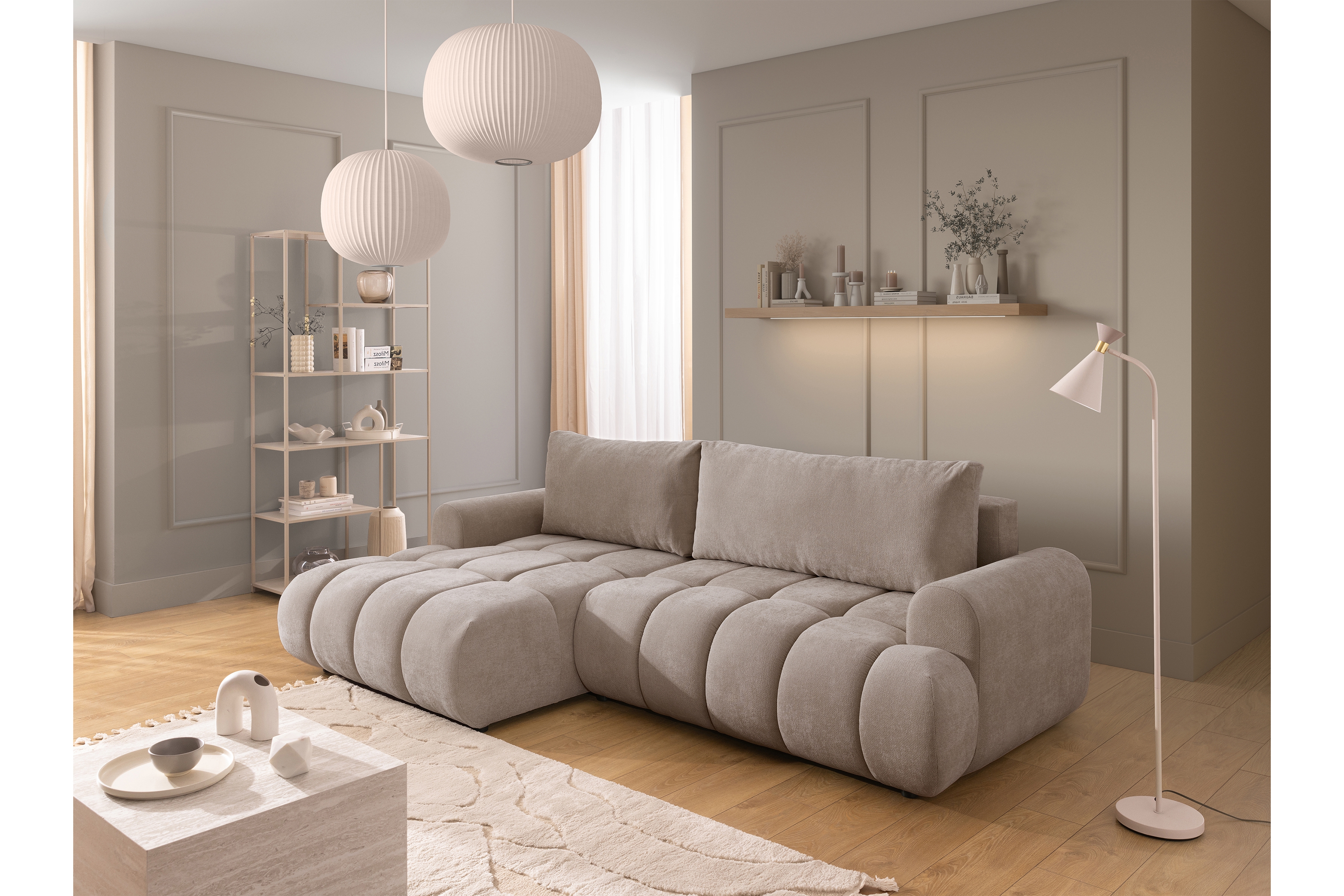 Rozkládací rohová sedací souprava Lutario Mini levá - tmavě béžová Venice 2031 Rohová sedací souprava Lutario Mini rozkládací levá - ciemnobezowa plecionka hydrofobowa Venice 2031