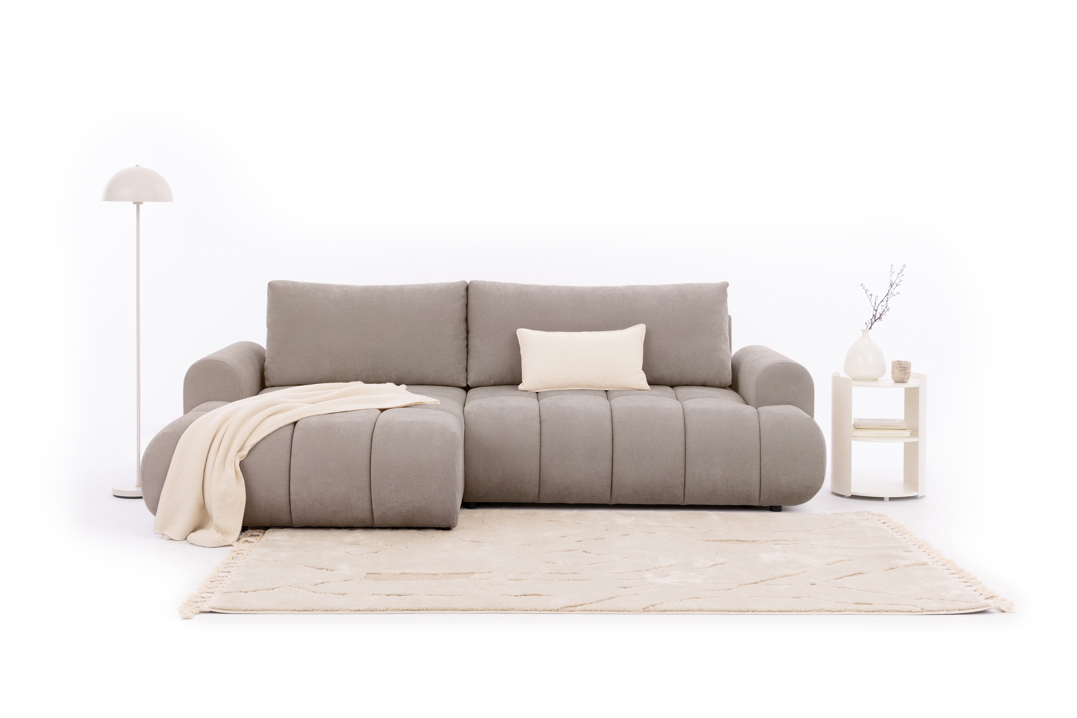 Rozkládací rohová sedací souprava Lutario Mini levá - tmavě béžová Venice 2031 Rohová sedací souprava Lutario Mini rozkládací levá - ciemnobezowa plecionka hydrofobowa Venice 2031