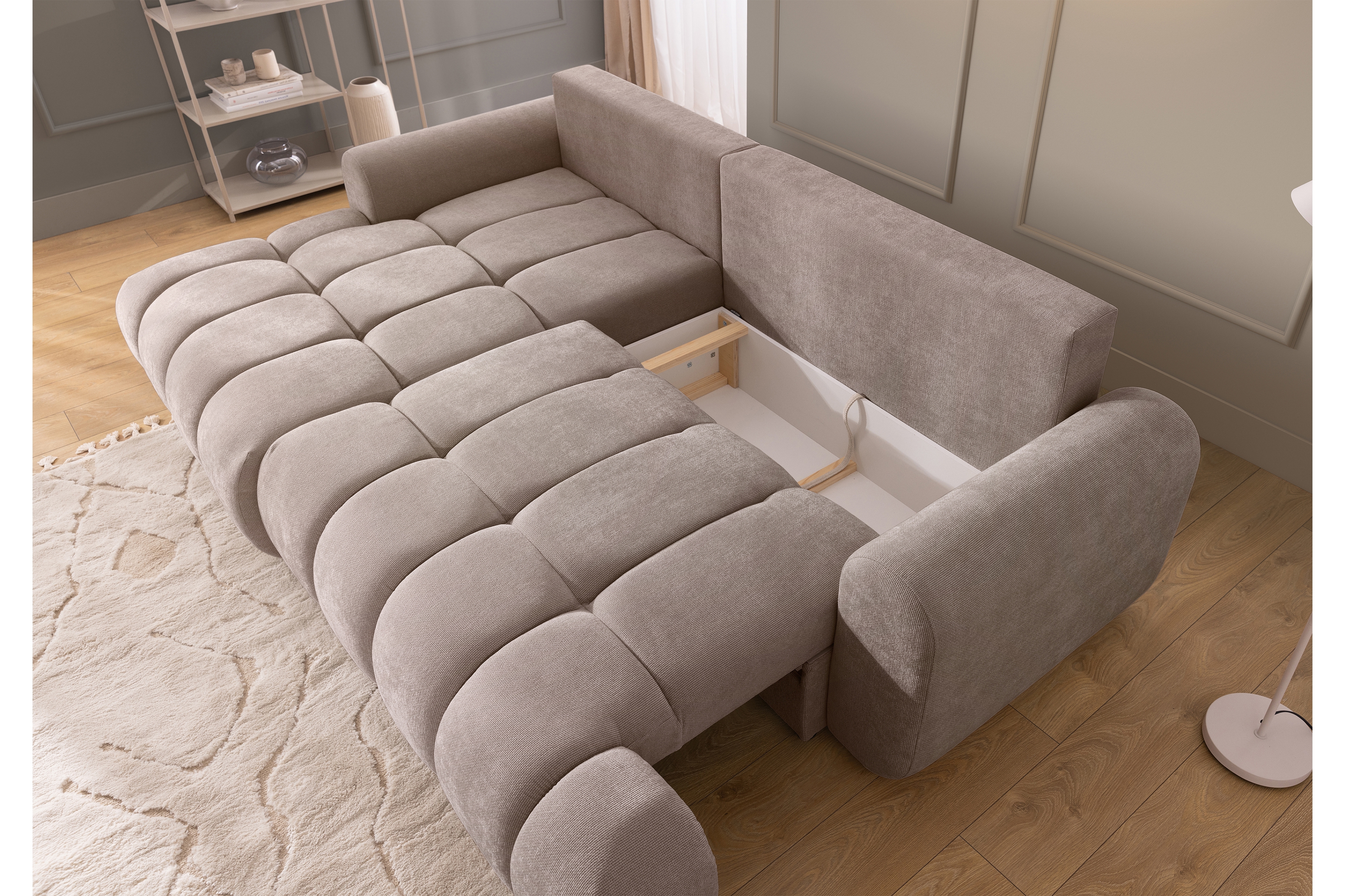 Rozkládací rohová sedací souprava Lutario Mini levá - tmavě béžová Venice 2031 Rohová sedací souprava Lutario Mini rozkládací levá - ciemnobezowa plecionka hydrofobowa Venice 2031