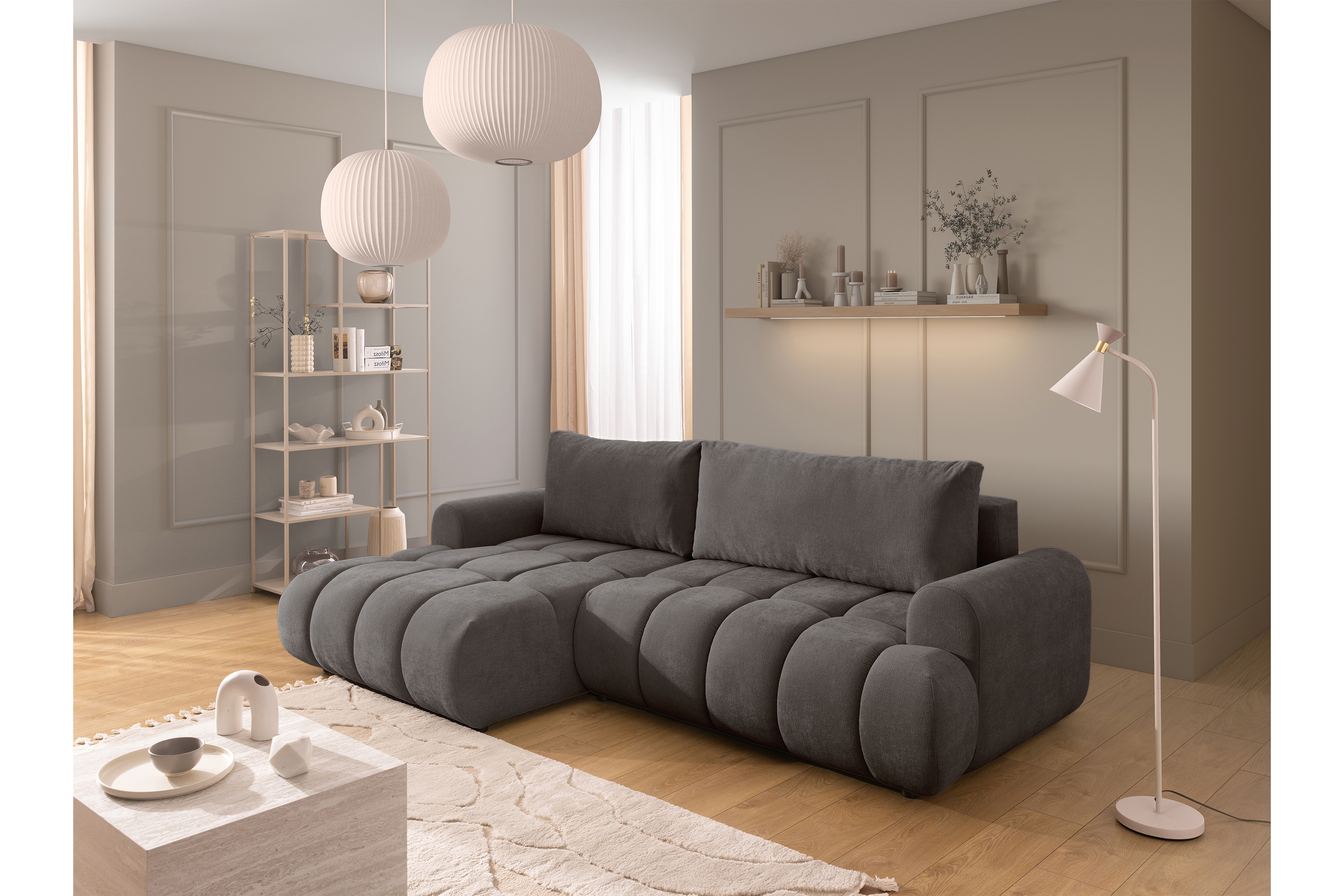 Rozkládací rohová sedací souprava Lutario Mini levá - tmavě šedá Venice 2021 Rohová sedací souprava Lutario Mini rozkládací levá - ciemnoszara plecionka hydrofobowa Venice 2021