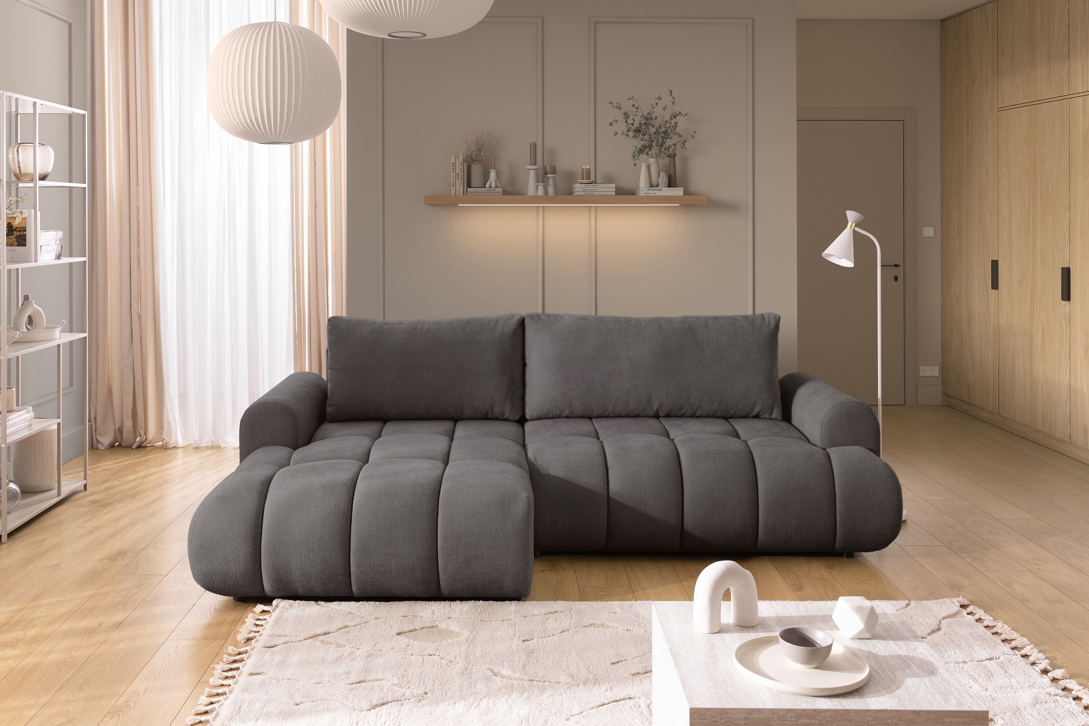 Rozkládací rohová sedací souprava Lutario Mini levá - tmavě šedá Venice 2021 Rohová sedací souprava Lutario Mini rozkládací levá - ciemnoszara plecionka hydrofobowa Venice 2021