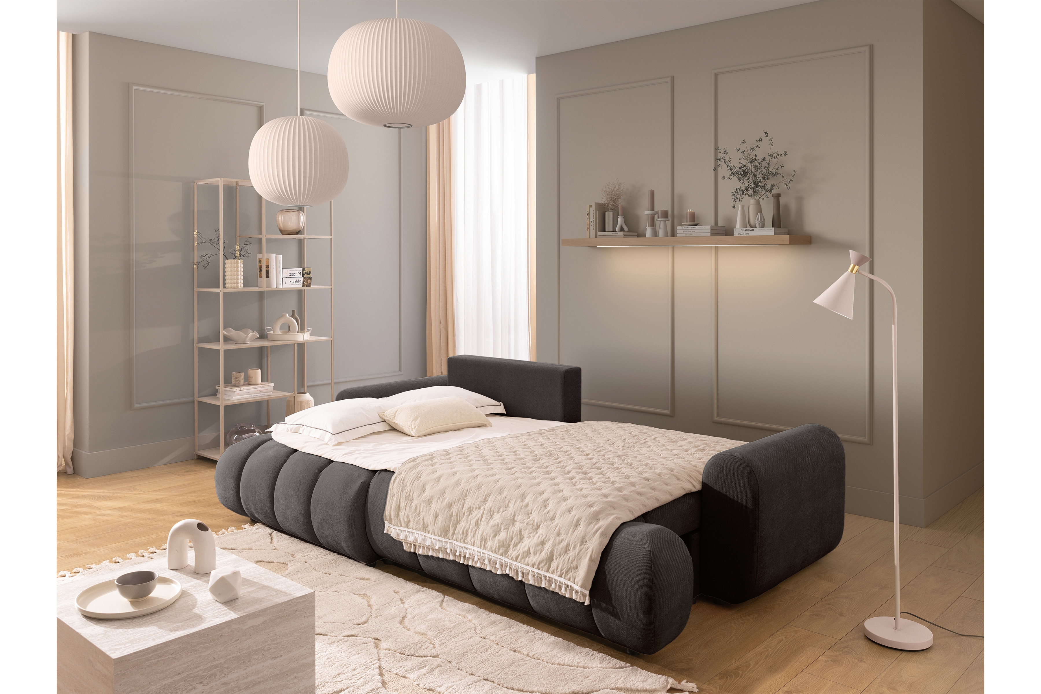 Rozkládací rohová sedací souprava Lutario Mini levá - tmavě šedá Venice 2021 Rohová sedací souprava Lutario Mini rozkládací levá - ciemnoszara plecionka hydrofobowa Venice 2021