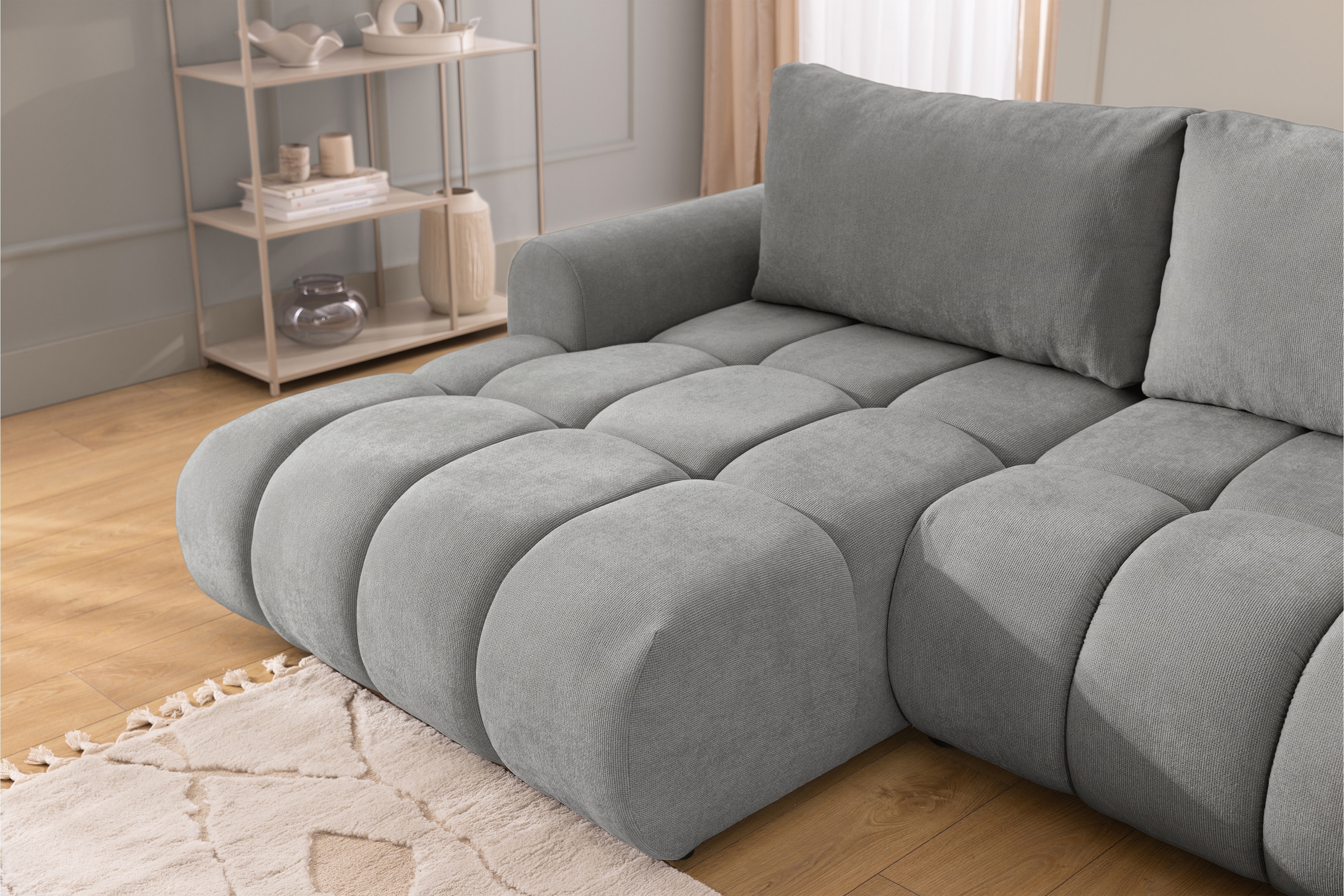 Rozkládací rohová sedací souprava Lutario Mini levá - šedá Venice 2023 Rohová sedací souprava Lutario Mini rozkládací levá - šedá plecionka hydrofobowa Venice 2023 