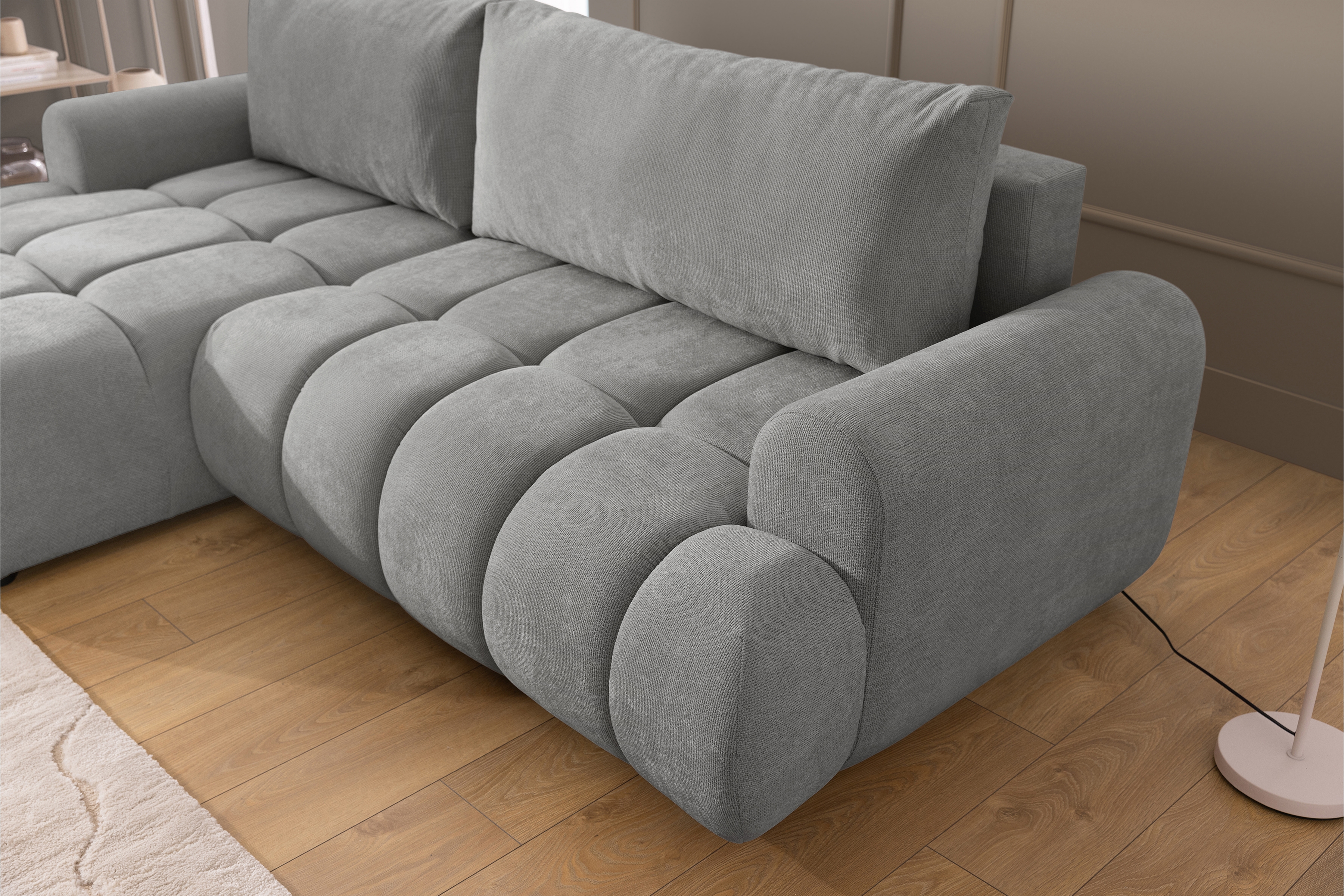 Rozkládací rohová sedací souprava Lutario Mini levá - šedá Venice 2023 Rohová sedací souprava Lutario Mini rozkládací levá - šedá plecionka hydrofobowa Venice 2023 