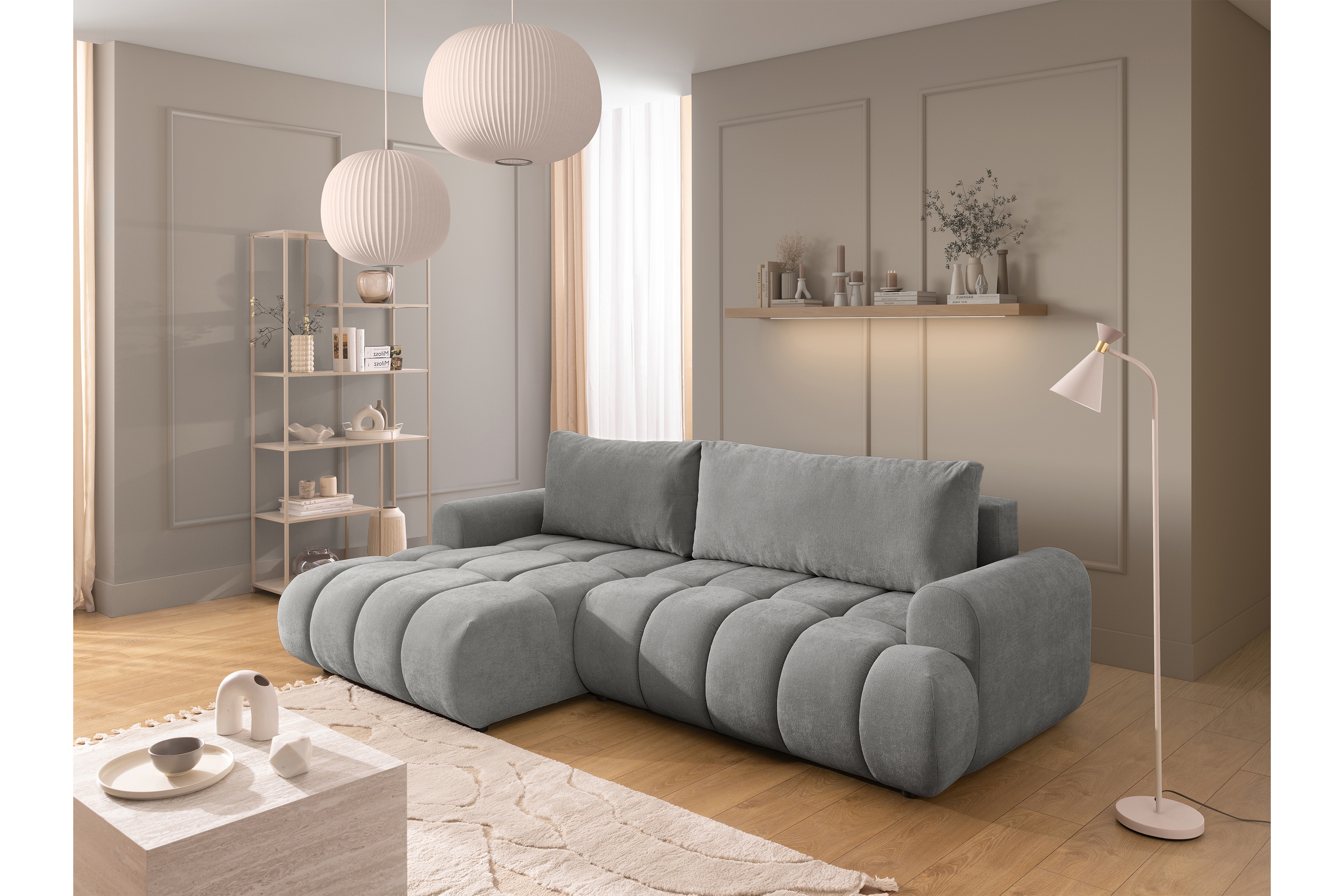 Rozkládací rohová sedací souprava Lutario Mini levá - šedá Venice 2023 Rohová sedací souprava Lutario Mini rozkládací levá - šedá plecionka hydrofobowa Venice 2023 