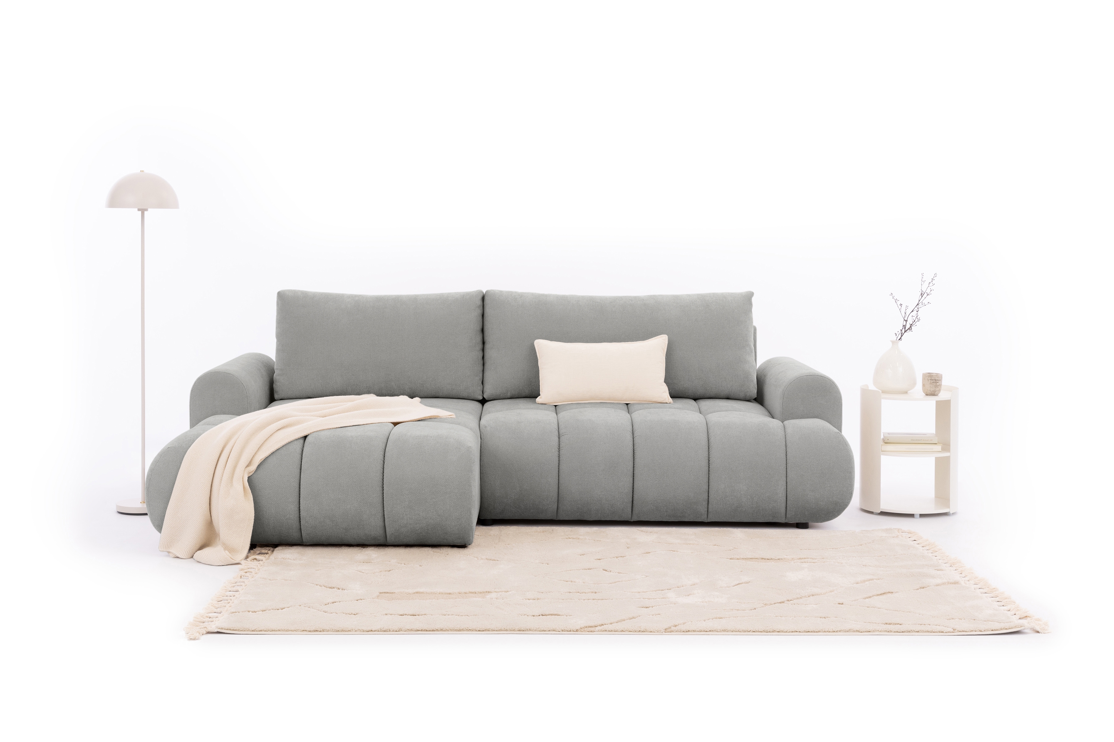 Rozkládací rohová sedací souprava Lutario Mini levá - šedá Venice 2023 Rohová sedací souprava Lutario Mini rozkládací levá - šedá plecionka hydrofobowa Venice 2023 