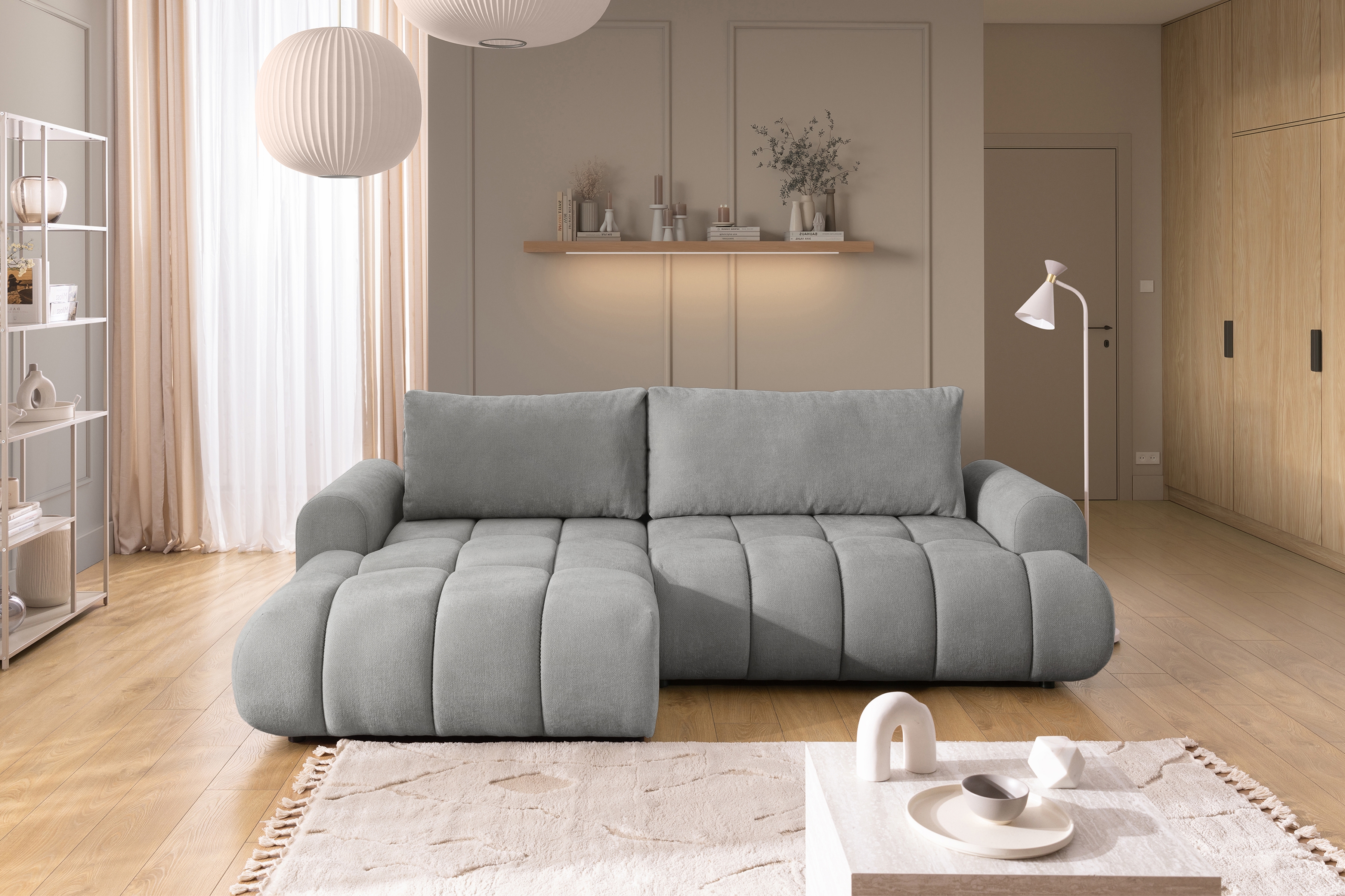 Rozkládací rohová sedací souprava Lutario Mini levá - šedá Venice 2023 Rohová sedací souprava Lutario Mini rozkládací levá - šedá plecionka hydrofobowa Venice 2023 