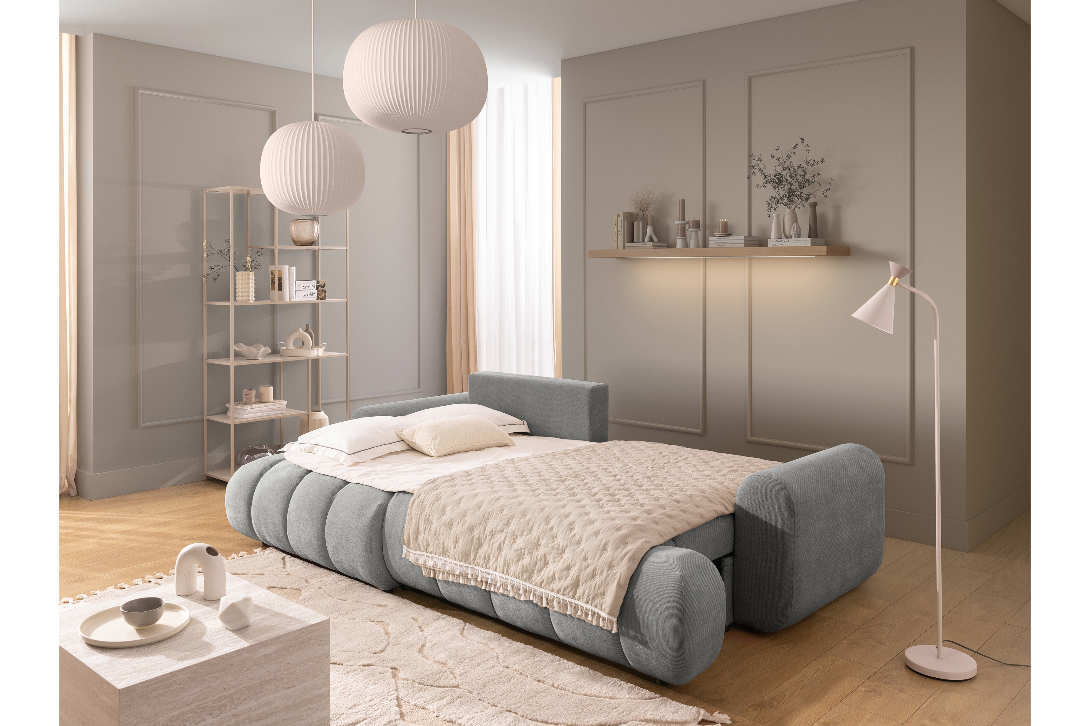 Rozkládací rohová sedací souprava Lutario Mini levá - šedá Venice 2023 Rohová sedací souprava Lutario Mini rozkládací levá - šedá plecionka hydrofobowa Venice 2023 