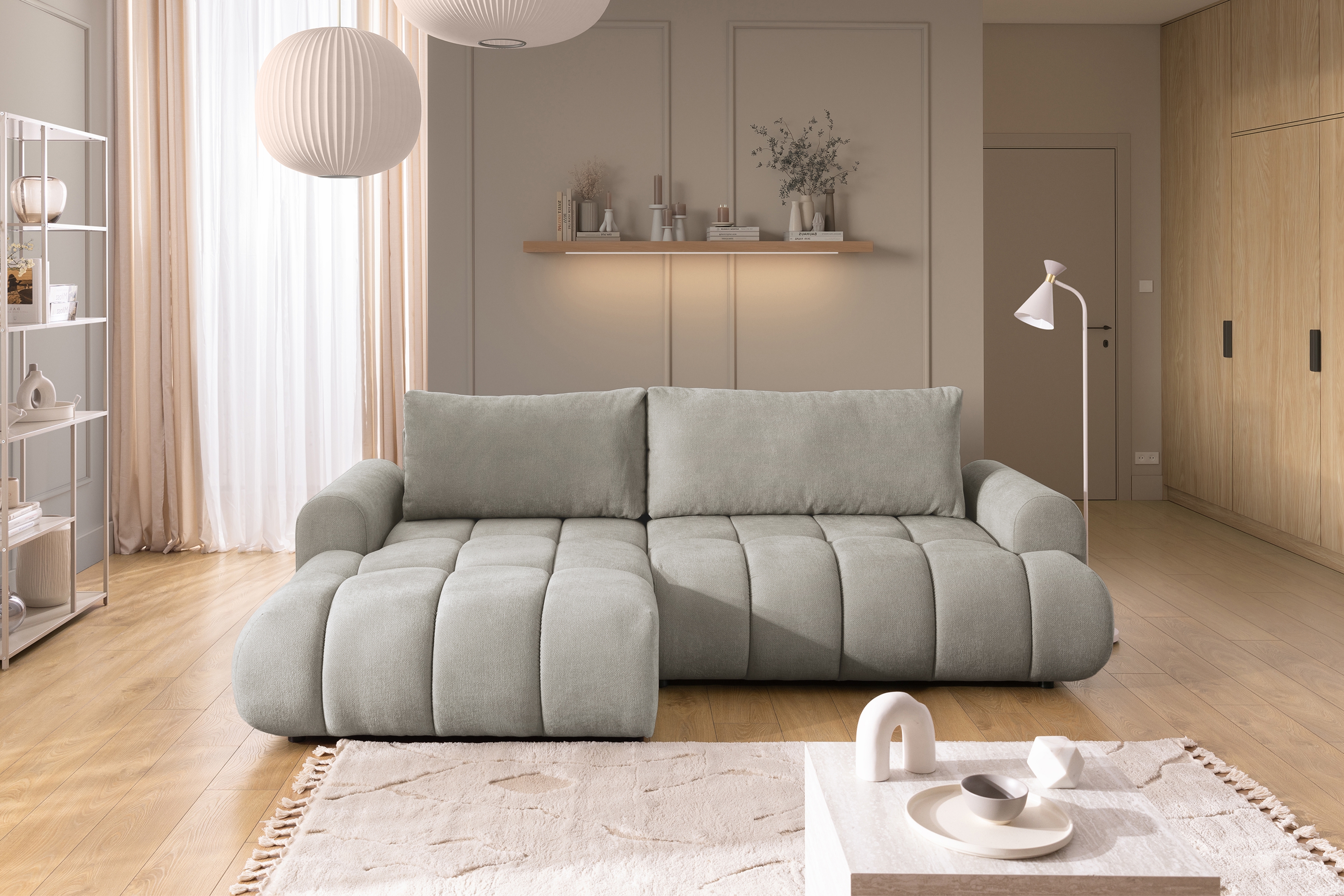 Rohová sedačka Lutario Mini s rozkladem levá - šedá látka Nazar 225.03 Rohová sedací souprava Lutario Mini rozkládací levá - šedá potahová látka Nazar 225.03