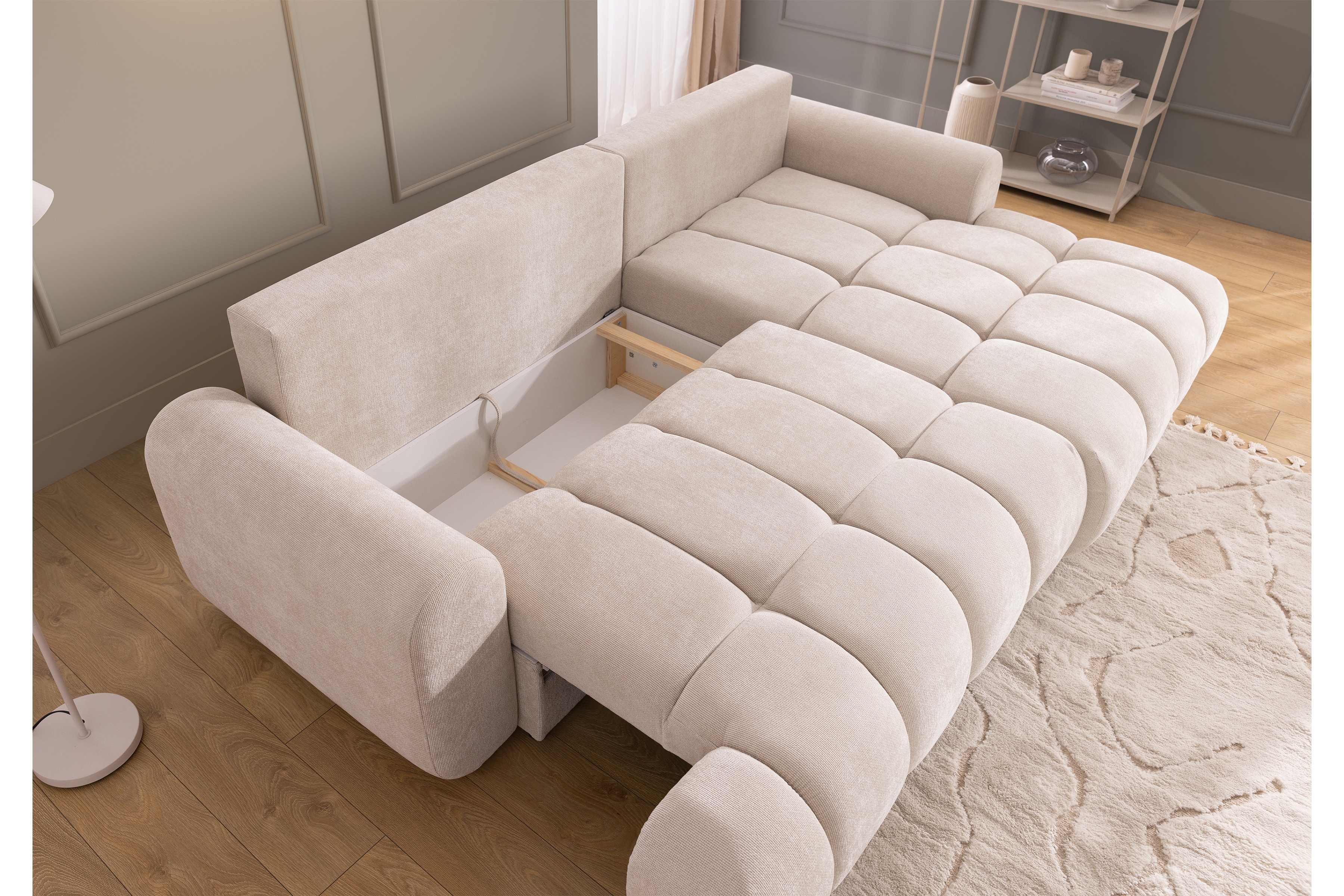 Rozkládací rohová sedací souprava Lutario Mini pravá - béžová Venice 2026 Rohová sedací souprava Lutario Mini rozkládací pravá - béžová plecionka hydrofobowa Venice 2026