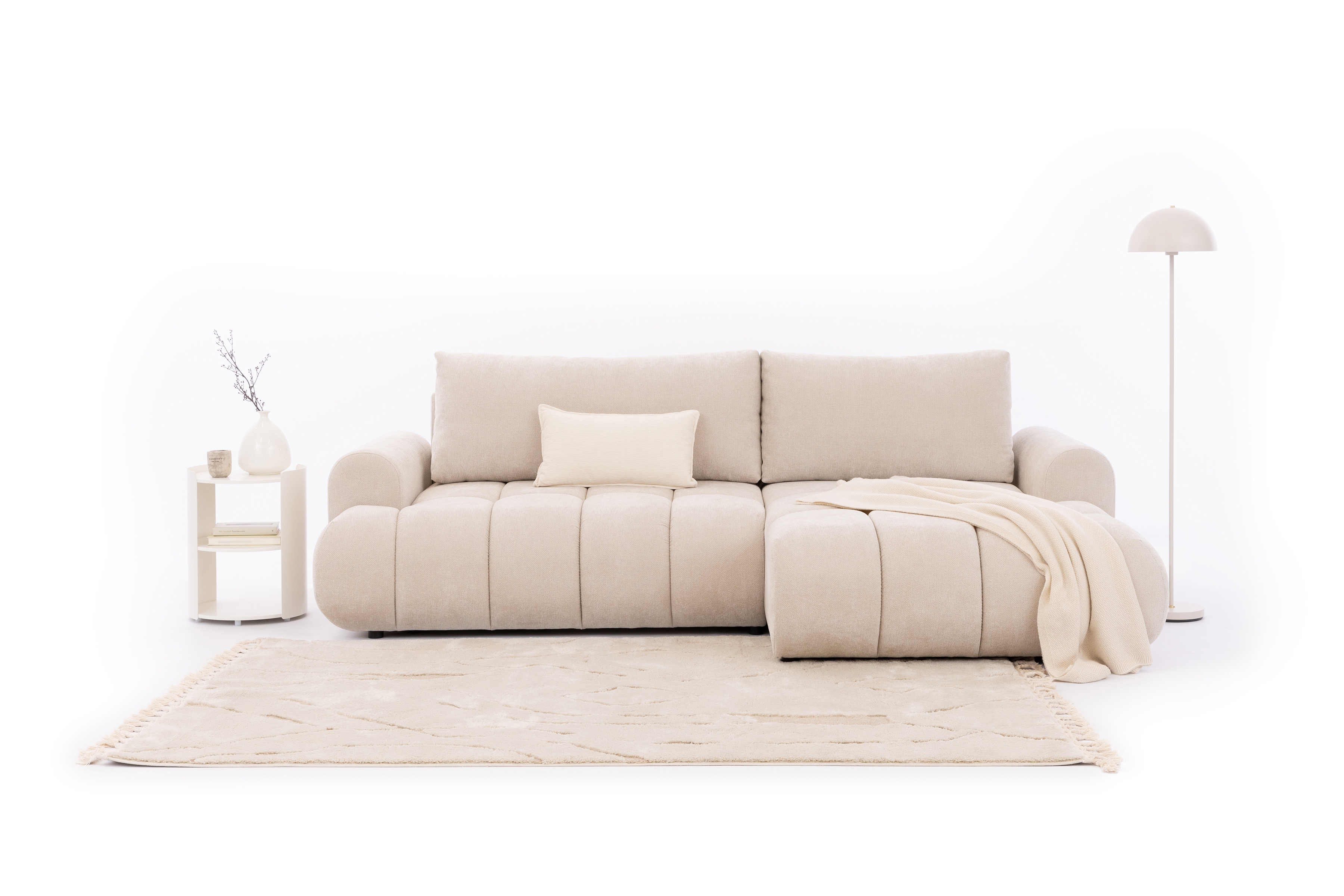 Rozkládací rohová sedací souprava Lutario Mini pravá - béžová Venice 2026 Rohová sedací souprava Lutario Mini rozkládací pravá - béžová plecionka hydrofobowa Venice 2026