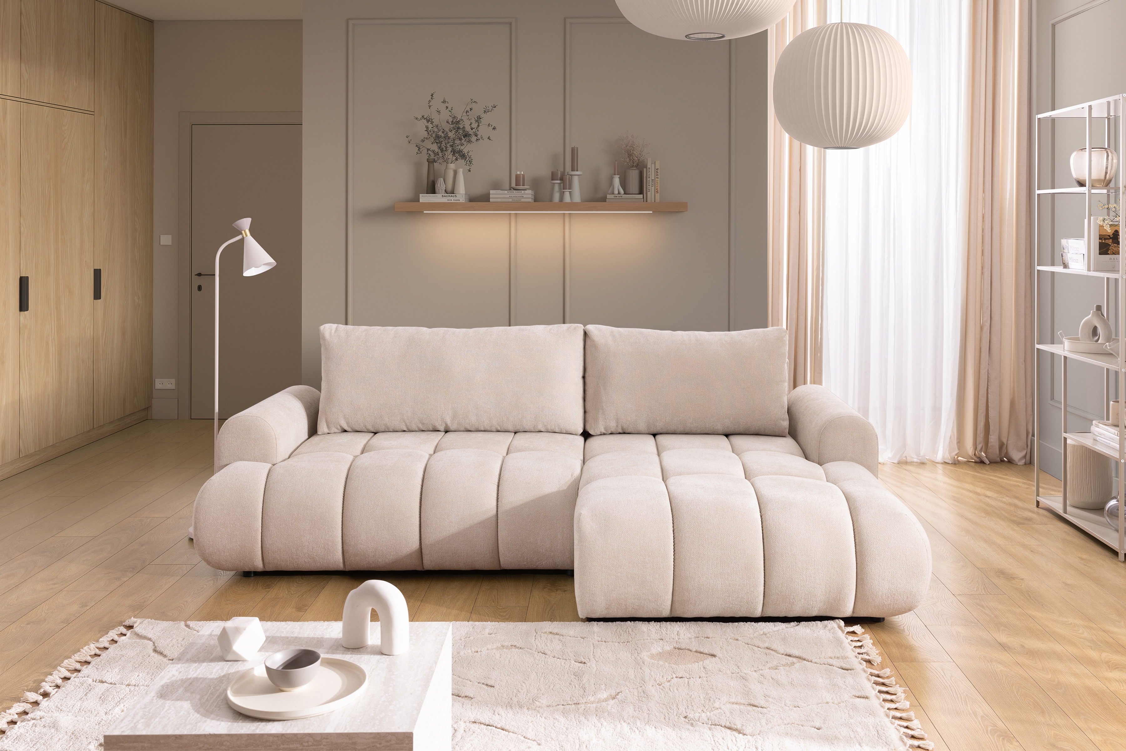 Rozkládací rohová sedací souprava Lutario Mini pravá - béžová Venice 2026 Rohová sedací souprava Lutario Mini rozkládací pravá - béžová plecionka hydrofobowa Venice 2026