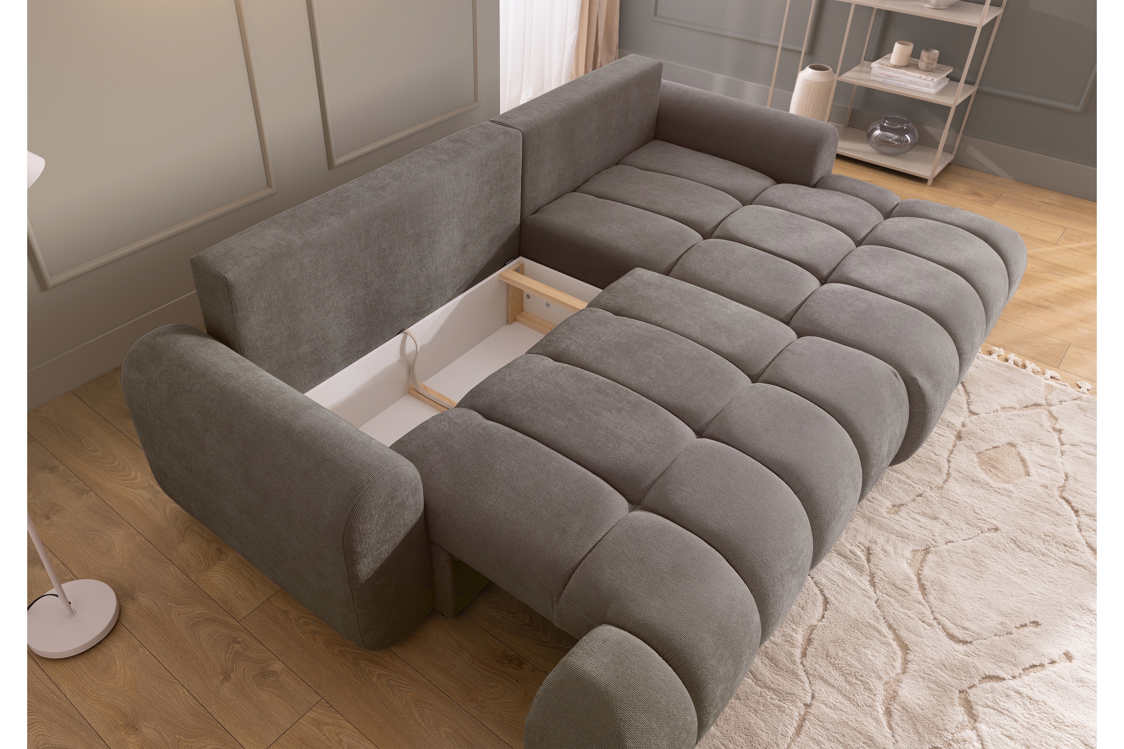 Rozkládací rohová sedací souprava Lutario Mini pravá - šedohnědá Venice 2022 Rohová sedací souprava Lutario Mini rozkládací pravá - hnědá plecionka hydrofobowa Venice 2022