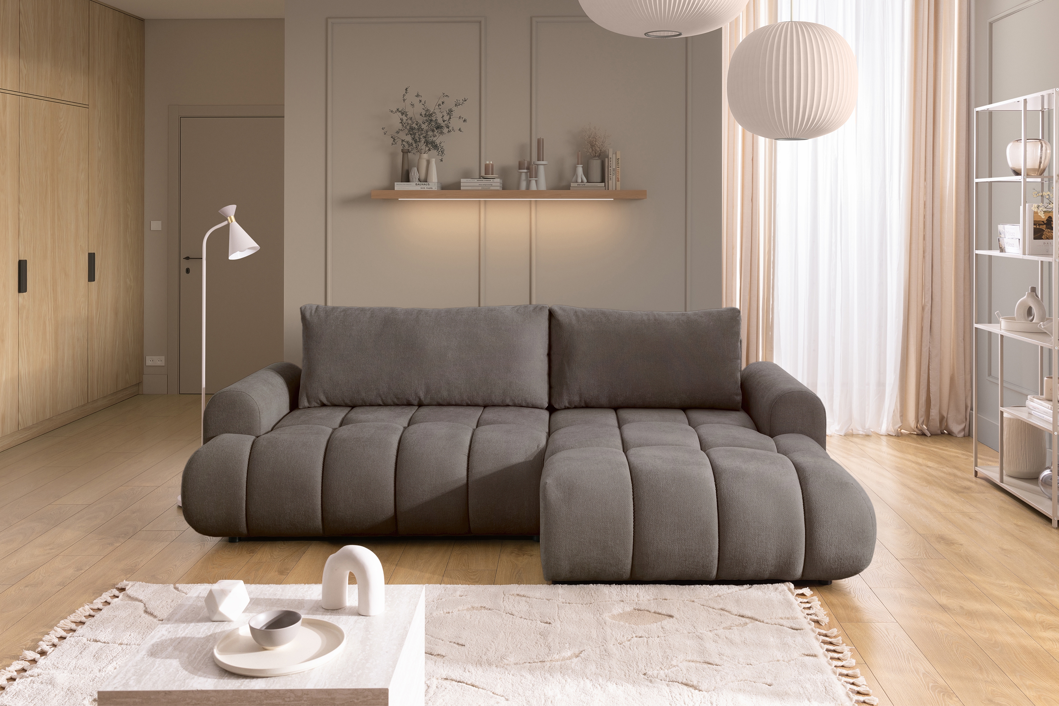 Rozkládací rohová sedací souprava Lutario Mini pravá - šedohnědá Venice 2022 Rohová sedací souprava Lutario Mini rozkládací pravá - hnědá plecionka hydrofobowa Venice 2022