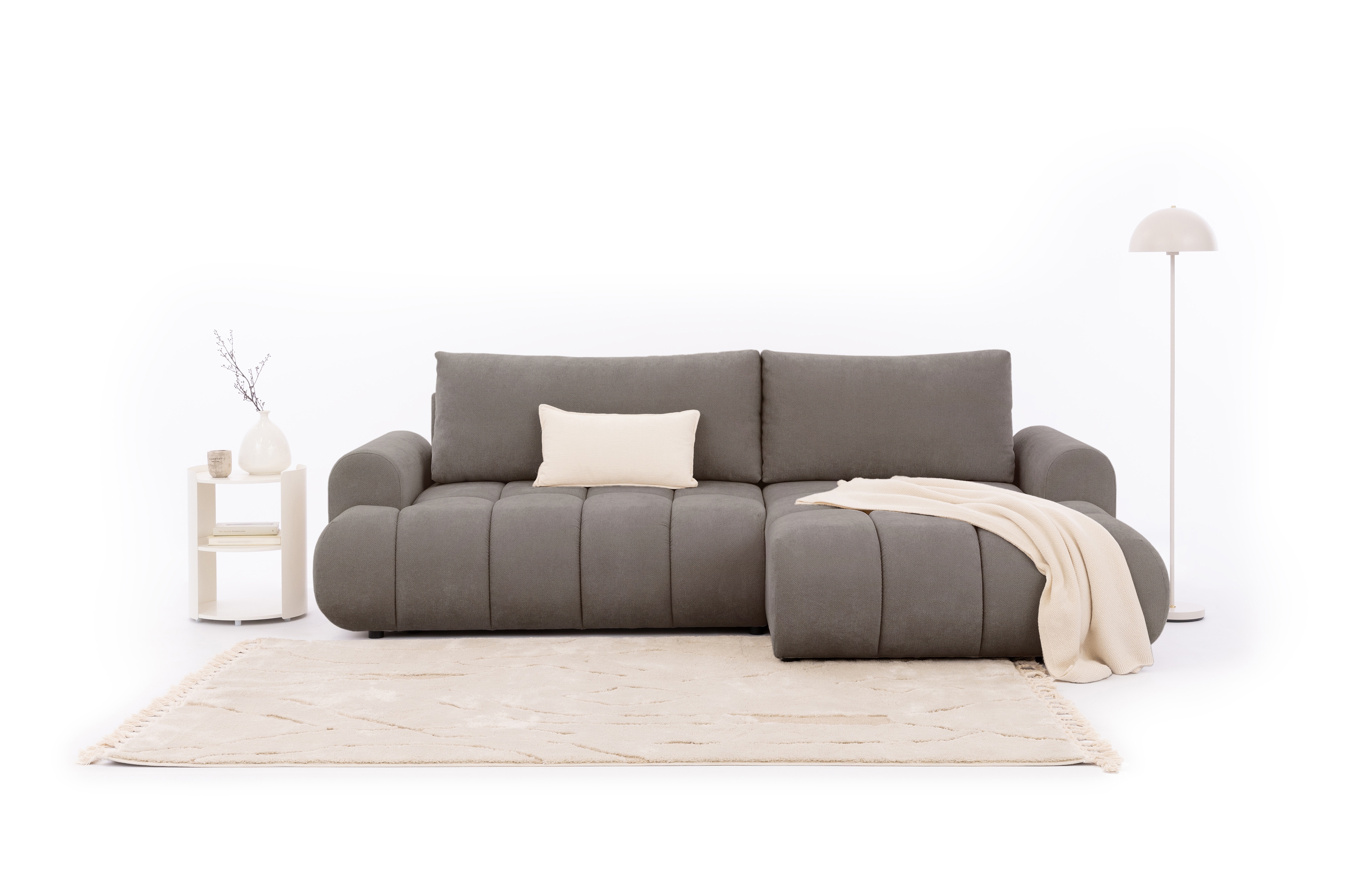 Rozkládací rohová sedací souprava Lutario Mini pravá - šedohnědá Venice 2022 Rohová sedací souprava Lutario Mini rozkládací pravá - hnědá plecionka hydrofobowa Venice 2022