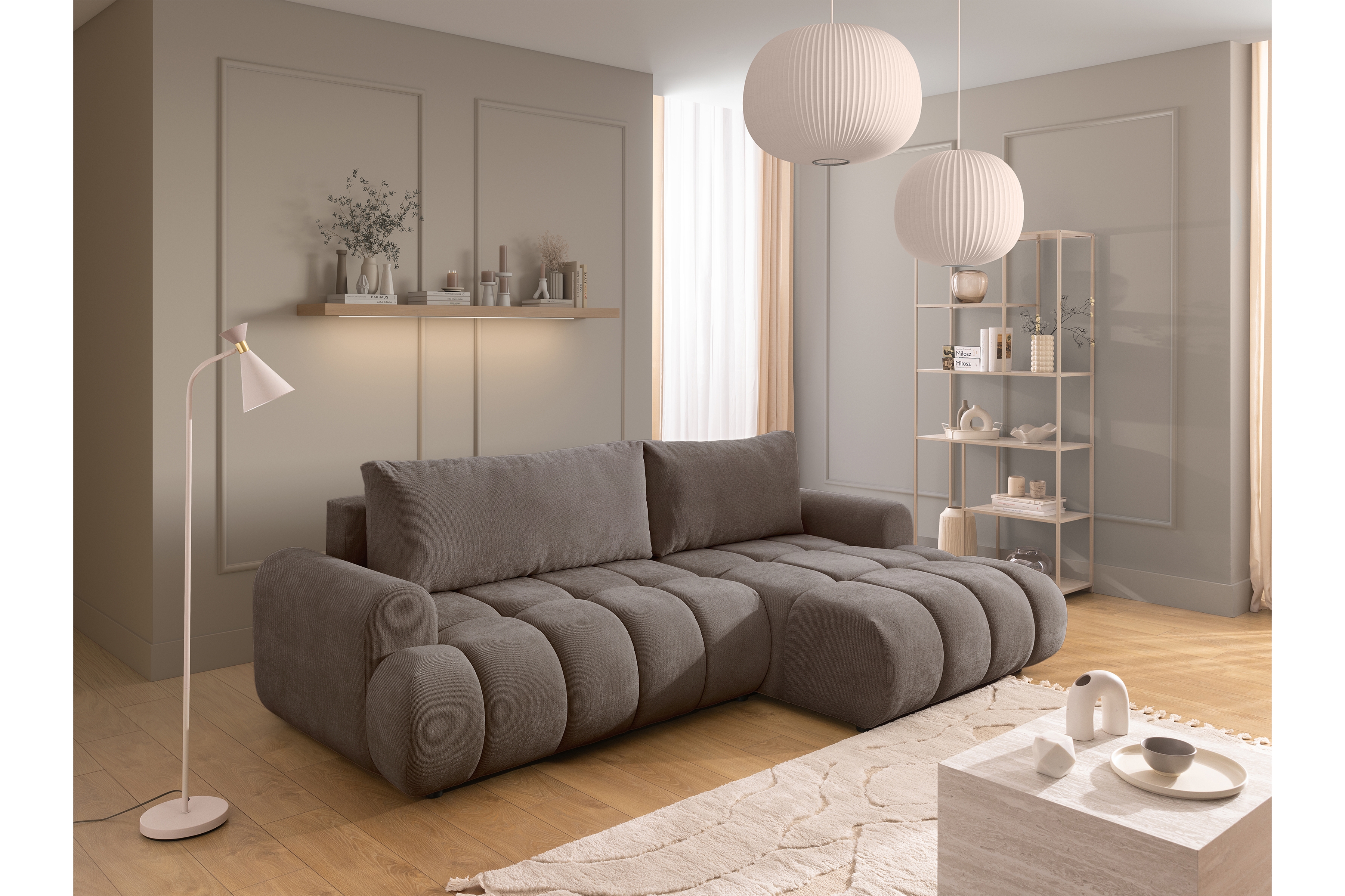 Rozkládací rohová sedací souprava Lutario Mini pravá - šedohnědá Venice 2022 Rohová sedací souprava Lutario Mini rozkládací pravá - hnědá plecionka hydrofobowa Venice 2022