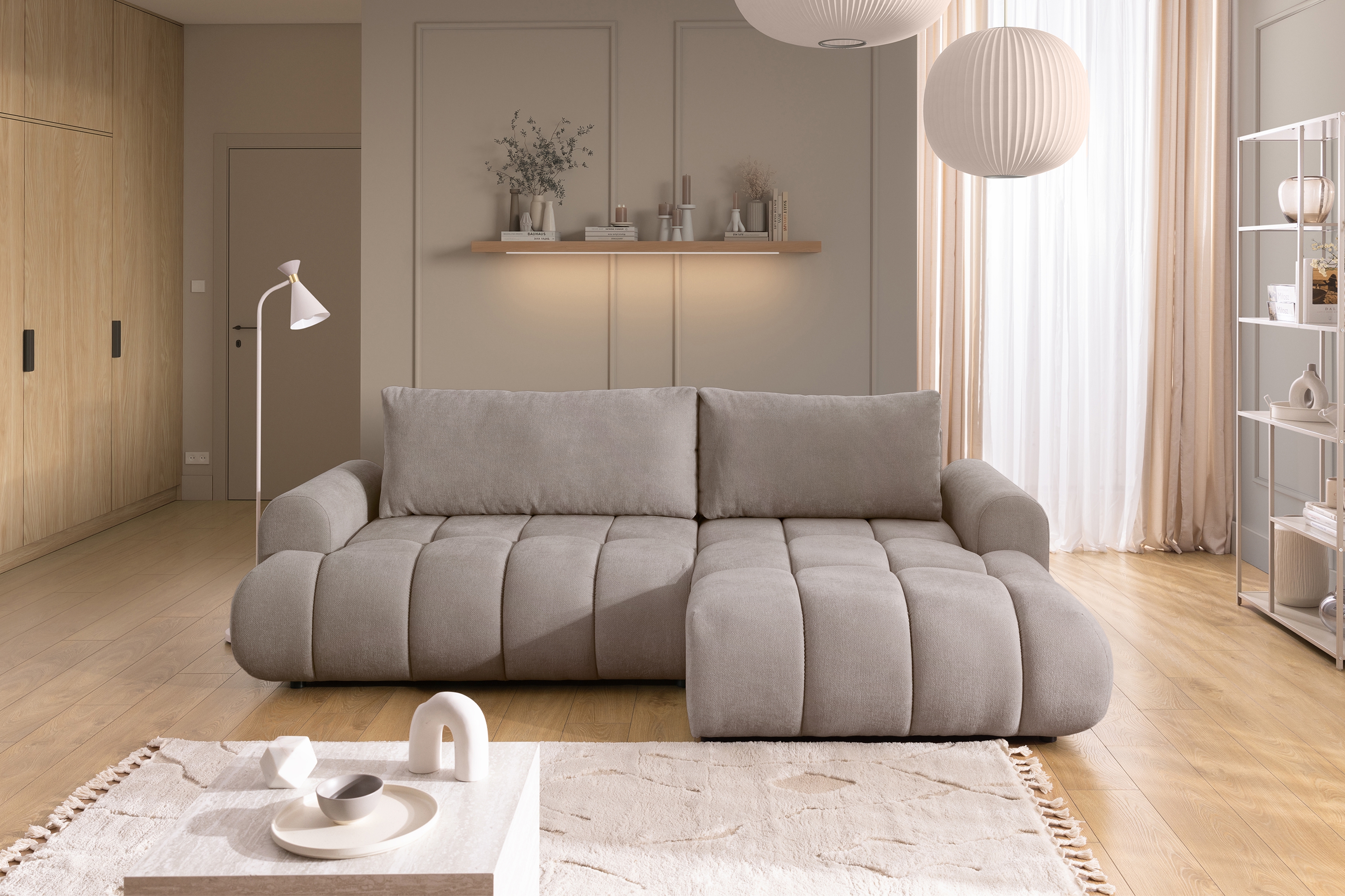 Rozkládací rohová sedací souprava Lutario Mini pravá - tmavě béžová Venice 2031 Rohová sedací souprava Lutario Mini rozkládací pravá - ciemnobezowa plecionka hydrofobowa Venice 2031