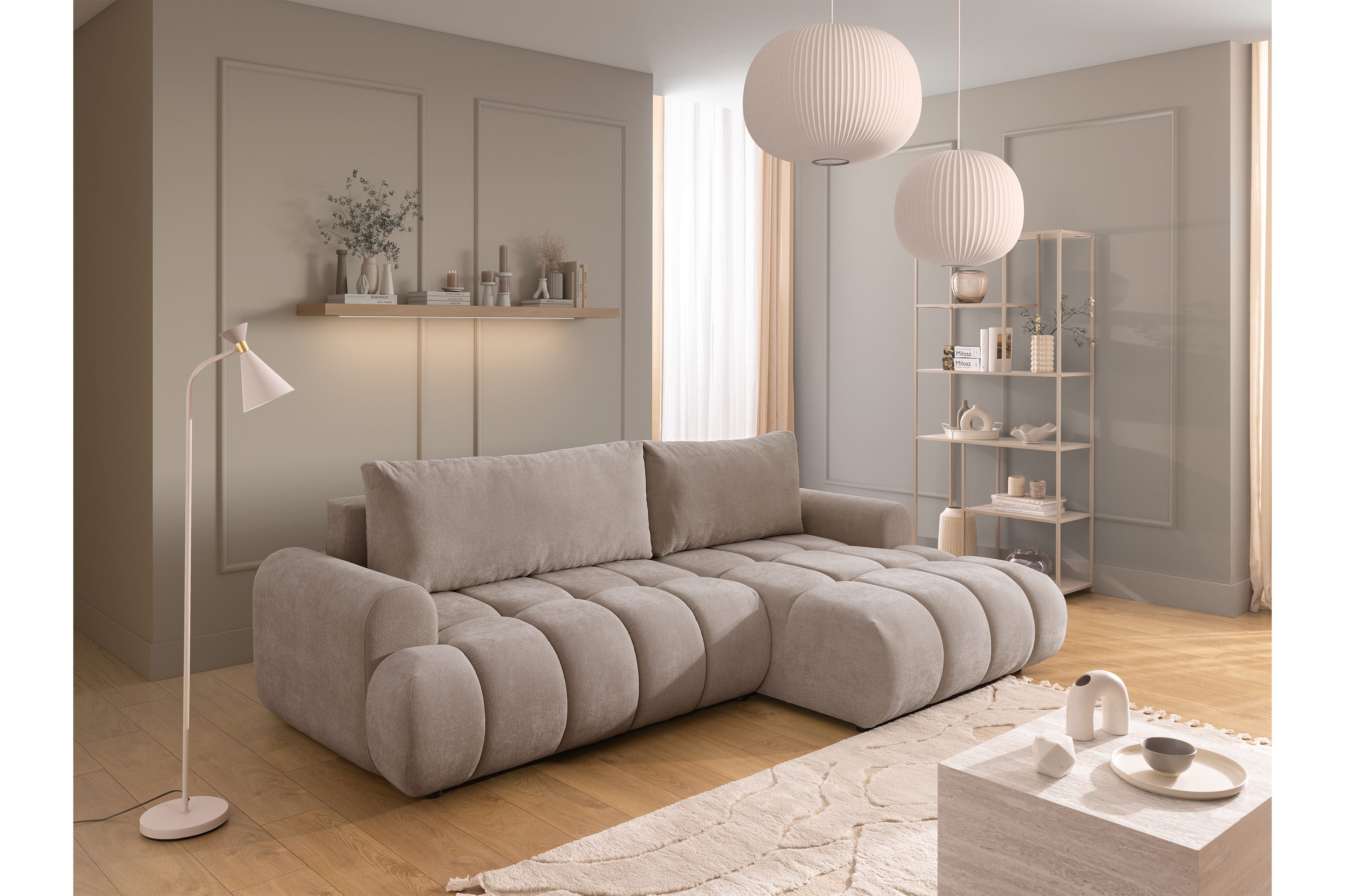 Rozkládací rohová sedací souprava Lutario Mini pravá - tmavě béžová Venice 2031 Rohová sedací souprava Lutario Mini rozkládací pravá - ciemnobezowa plecionka hydrofobowa Venice 2031