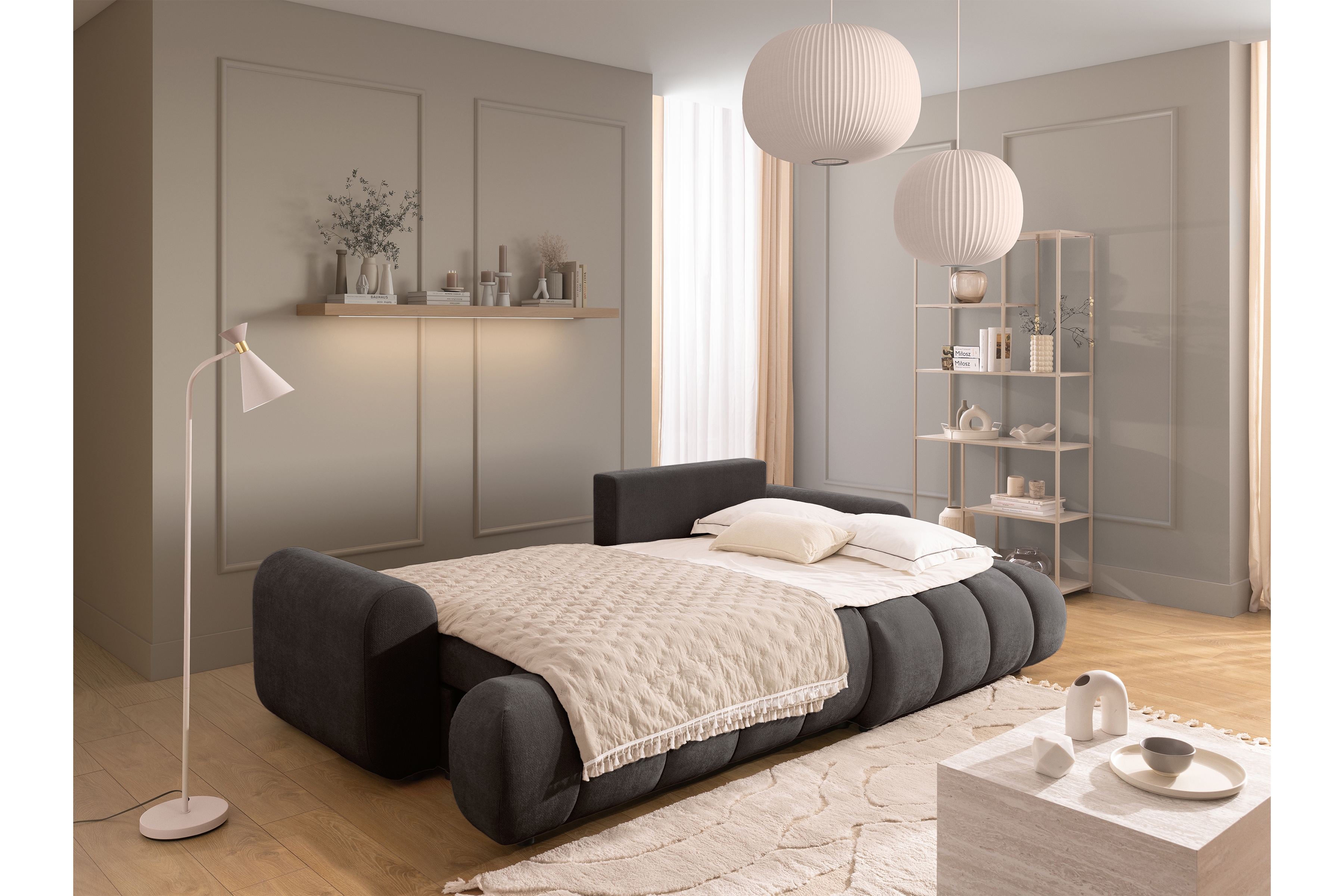 Rozkládací rohová sedací souprava Lutario Mini pravá - tmavě šedá Venice 2021 Rohová sedací souprava Lutario Mini rozkládací pravá - ciemnoszara plecionka hydrofobowa Venice 2021