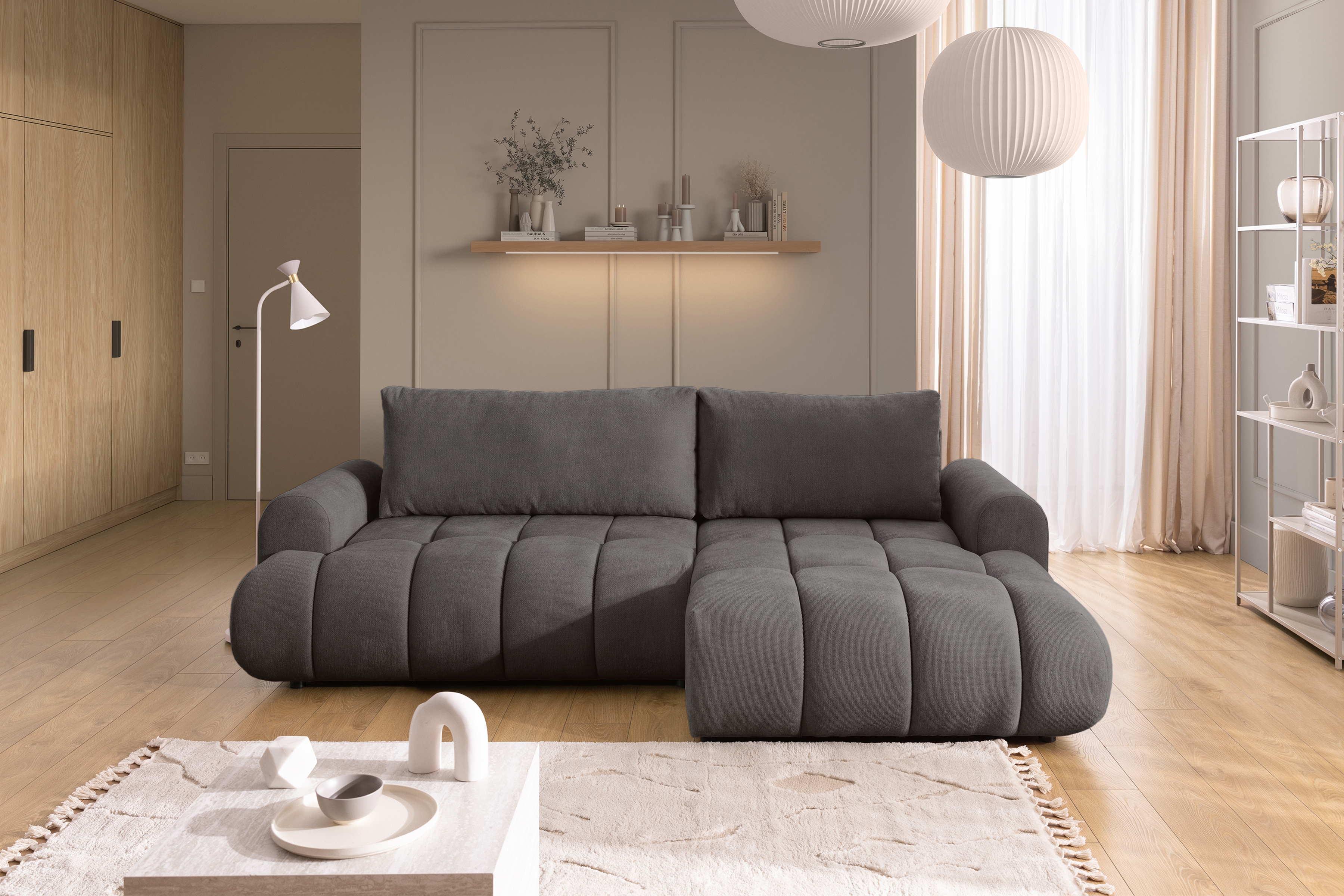 Rozkládací rohová sedací souprava Lutario Mini pravá - tmavě šedá Venice 2021 Rohová sedací souprava Lutario Mini rozkládací pravá - ciemnoszara plecionka hydrofobowa Venice 2021