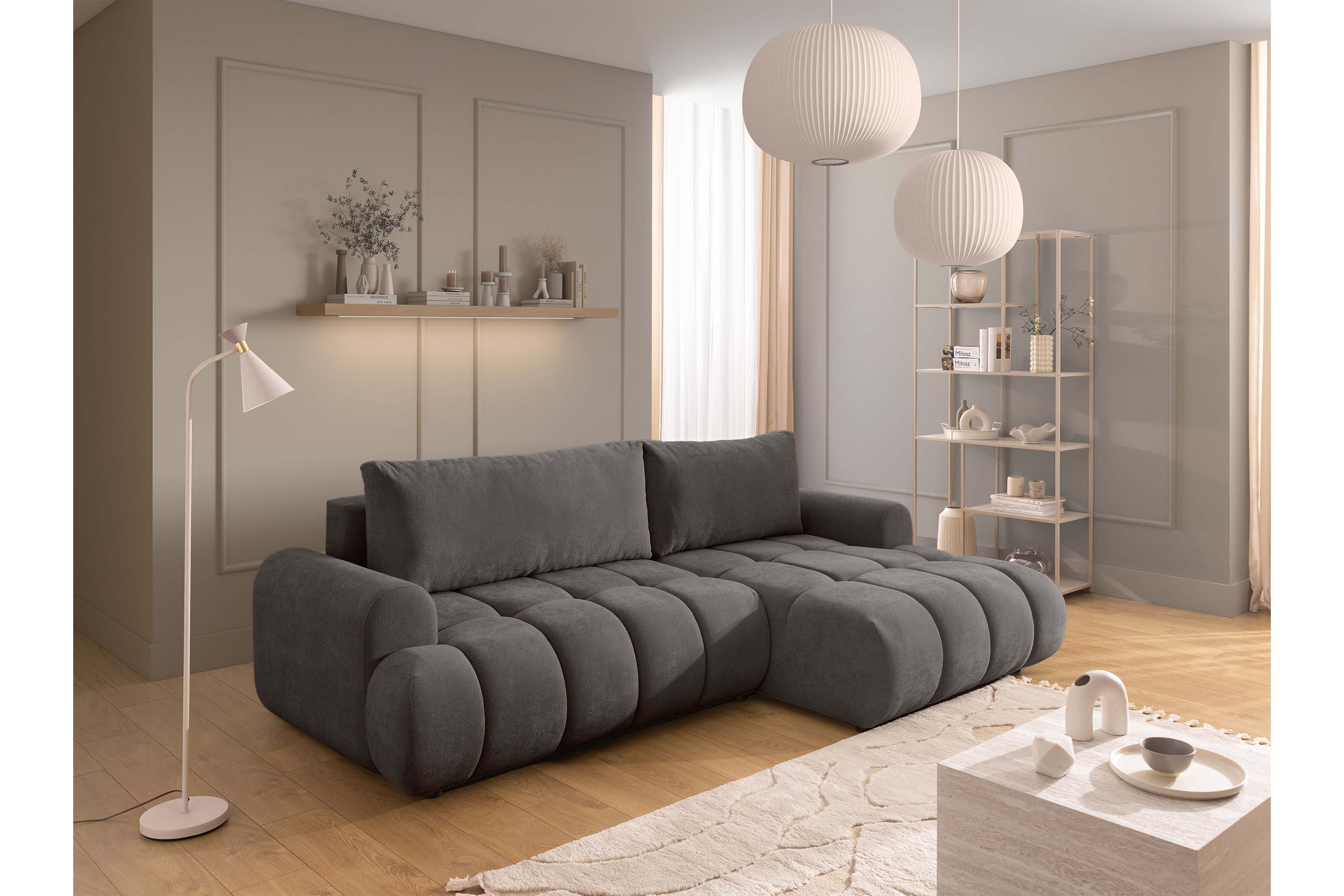 Rozkládací rohová sedací souprava Lutario Mini pravá - tmavě šedá Venice 2021 Rohová sedací souprava Lutario Mini rozkládací pravá - ciemnoszara plecionka hydrofobowa Venice 2021