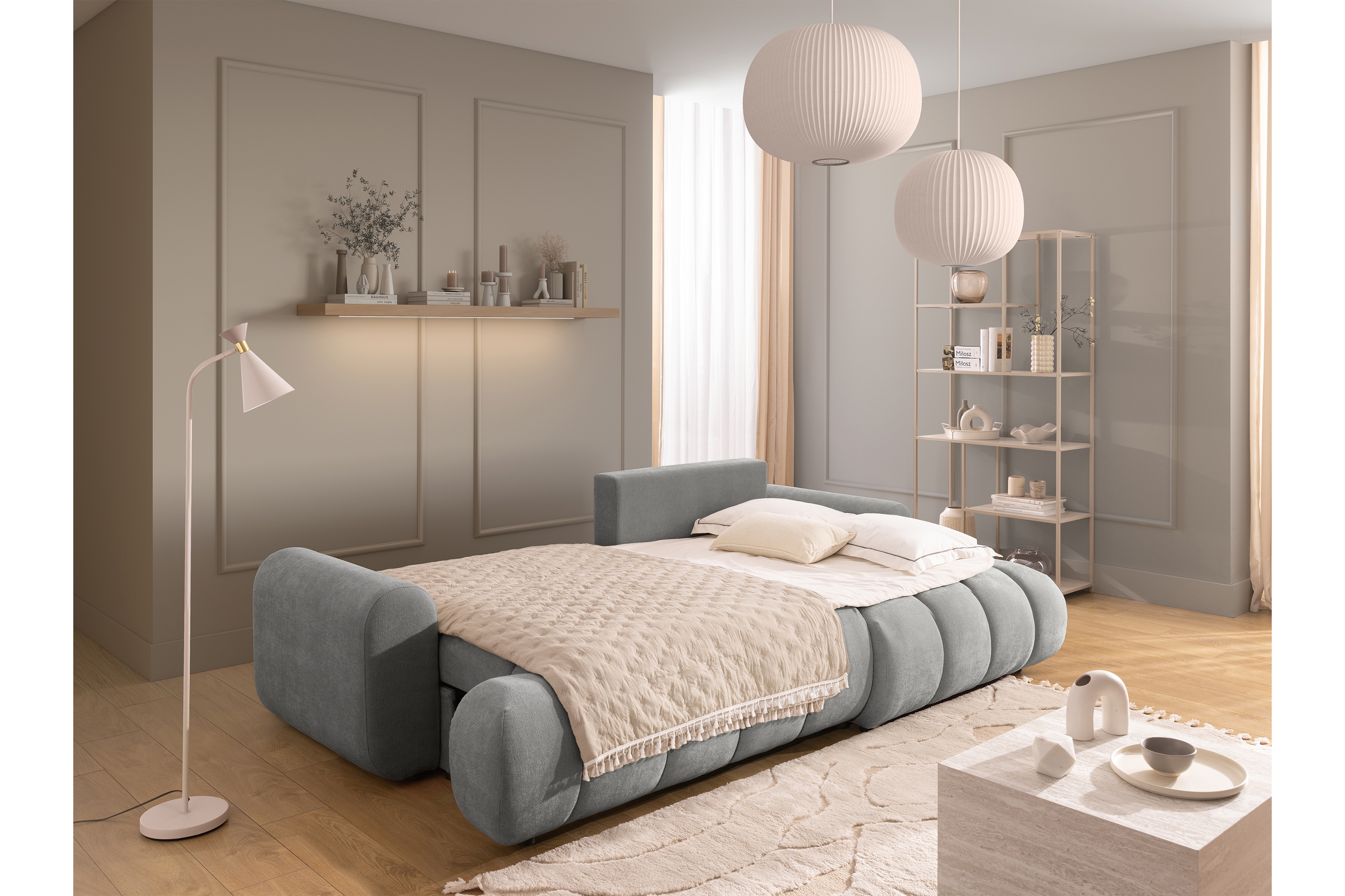 Rozkládací rohová sedací souprava Lutario Mini pravá - šedá Venice 2023 Rohová sedací souprava Lutario Mini rozkládací pravá - šedá plecionka hydrofobowa Venice 2023