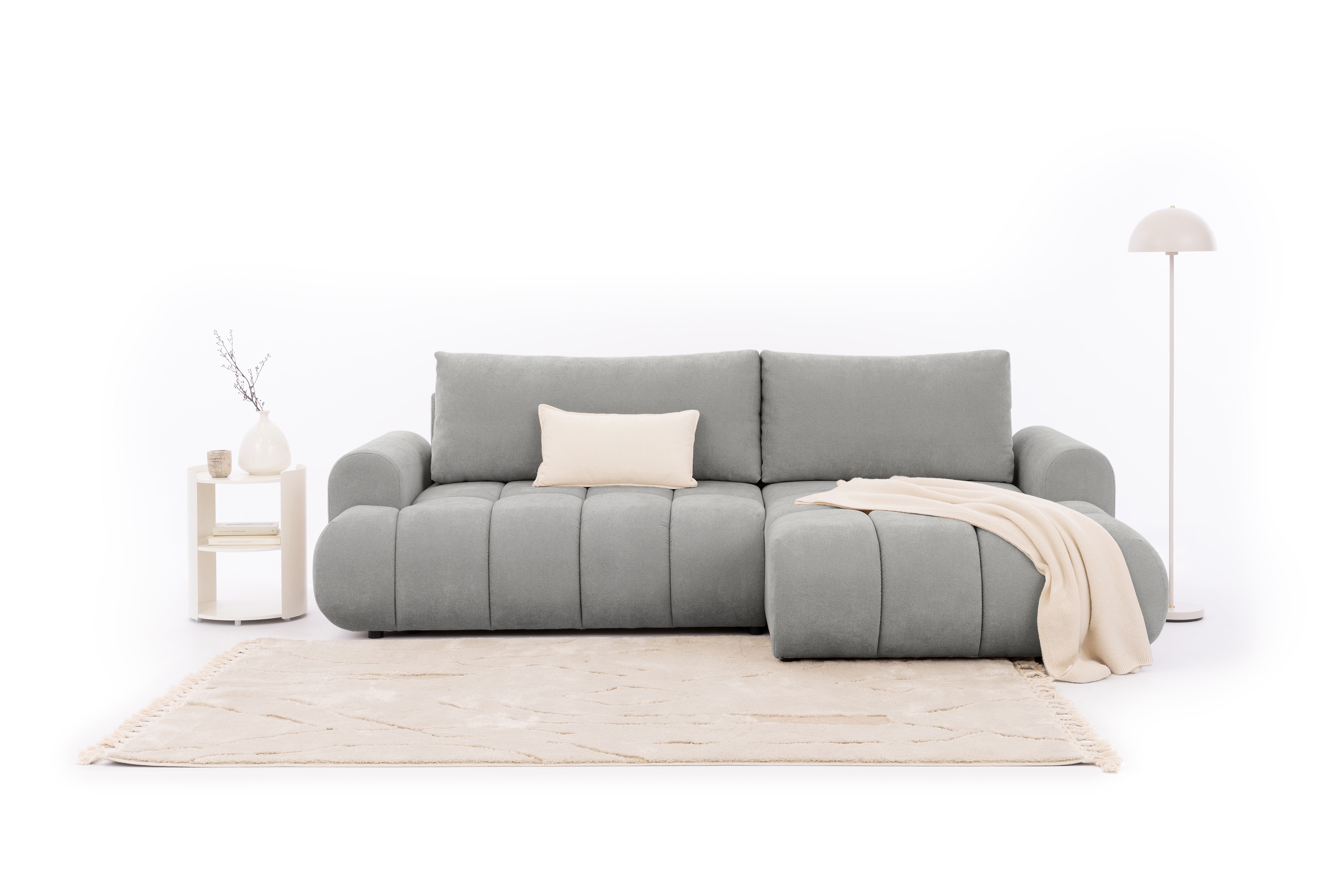 Rozkládací rohová sedací souprava Lutario Mini pravá - šedá Venice 2023 Rohová sedací souprava Lutario Mini rozkládací pravá - šedá plecionka hydrofobowa Venice 2023