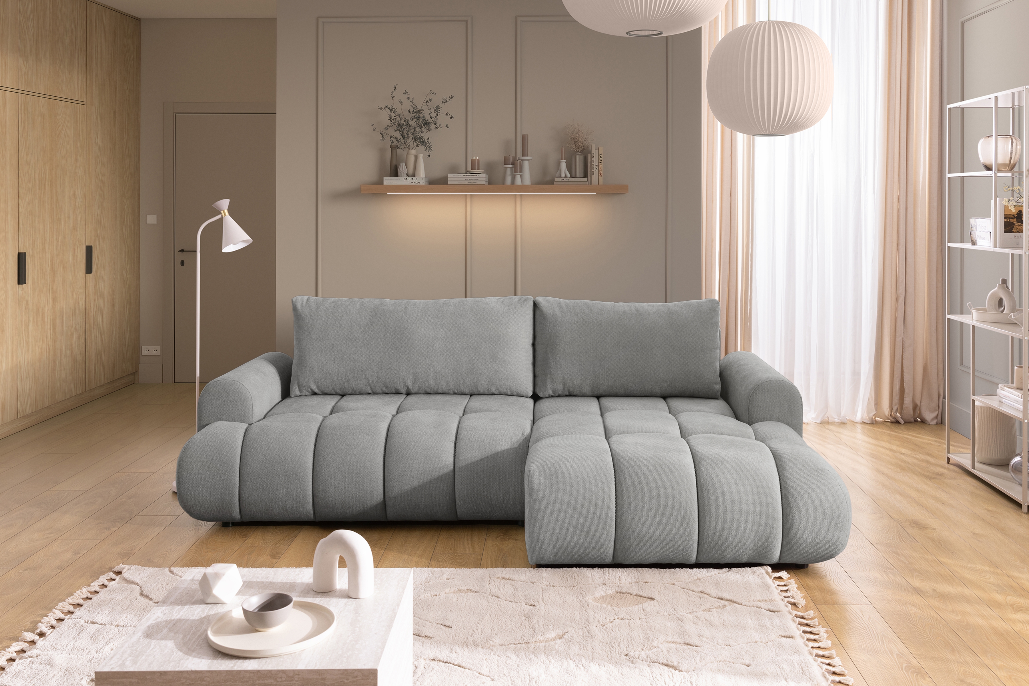 Rozkládací rohová sedací souprava Lutario Mini pravá - šedá Venice 2023 Rohová sedací souprava Lutario Mini rozkládací pravá - šedá plecionka hydrofobowa Venice 2023