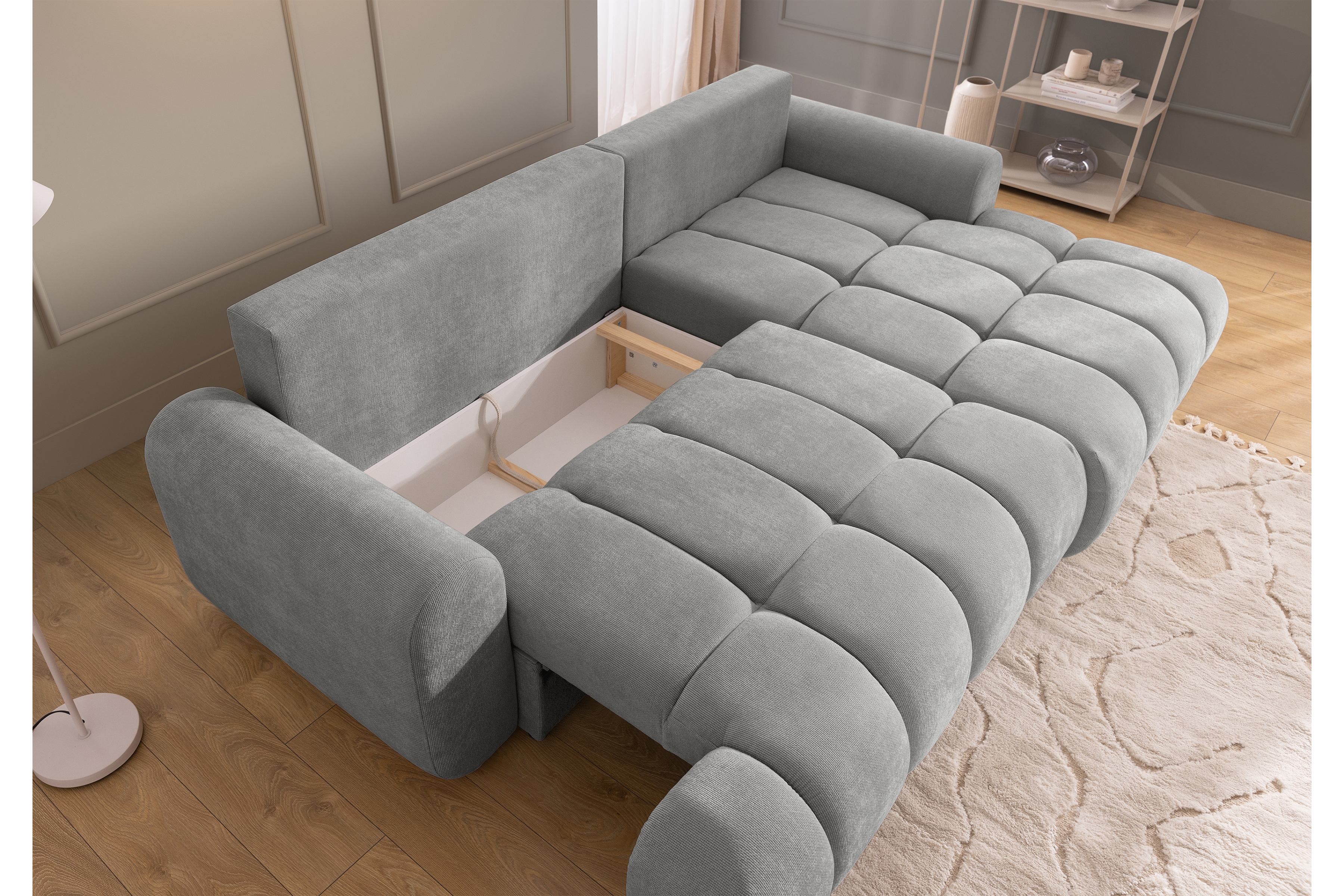 Rozkládací rohová sedací souprava Lutario Mini pravá - šedá Venice 2023 Rohová sedací souprava Lutario Mini rozkládací pravá - šedá plecionka hydrofobowa Venice 2023