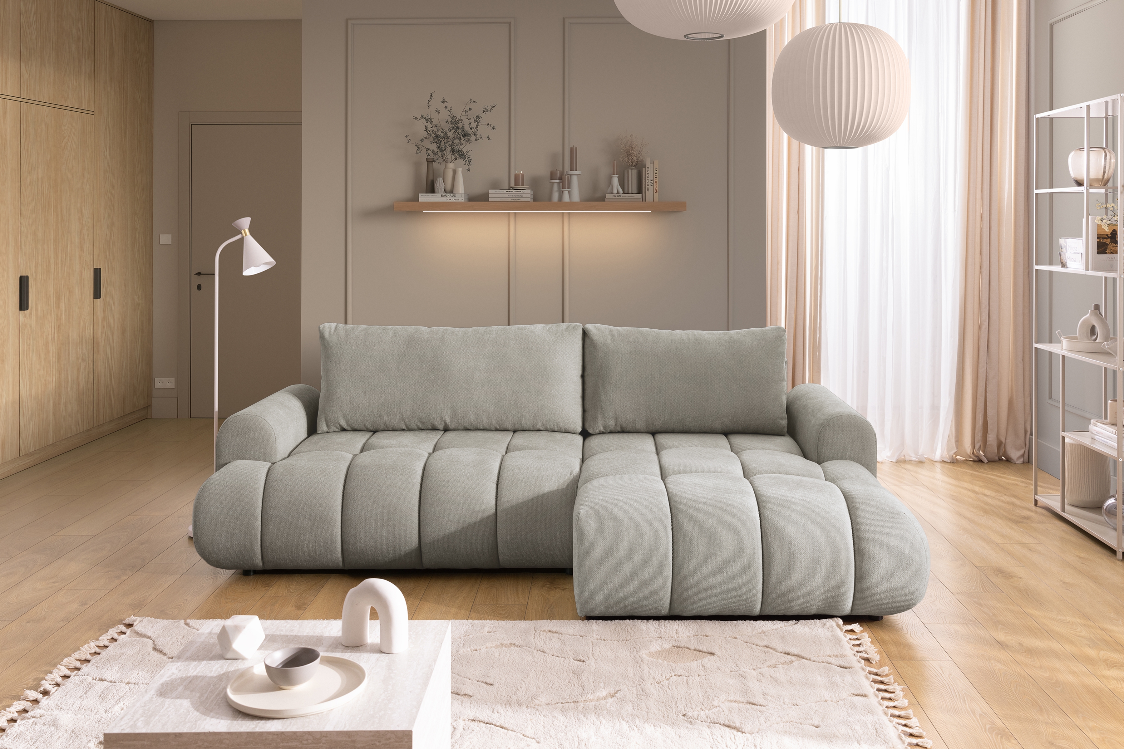 Rohová sedačka Lutario Mini s rozkladem pravá - šedá látka Nazar 225.03 Rohová sedací souprava Lutario Mini rozkládací pravá - šedá potahová látka Nazar 225.03