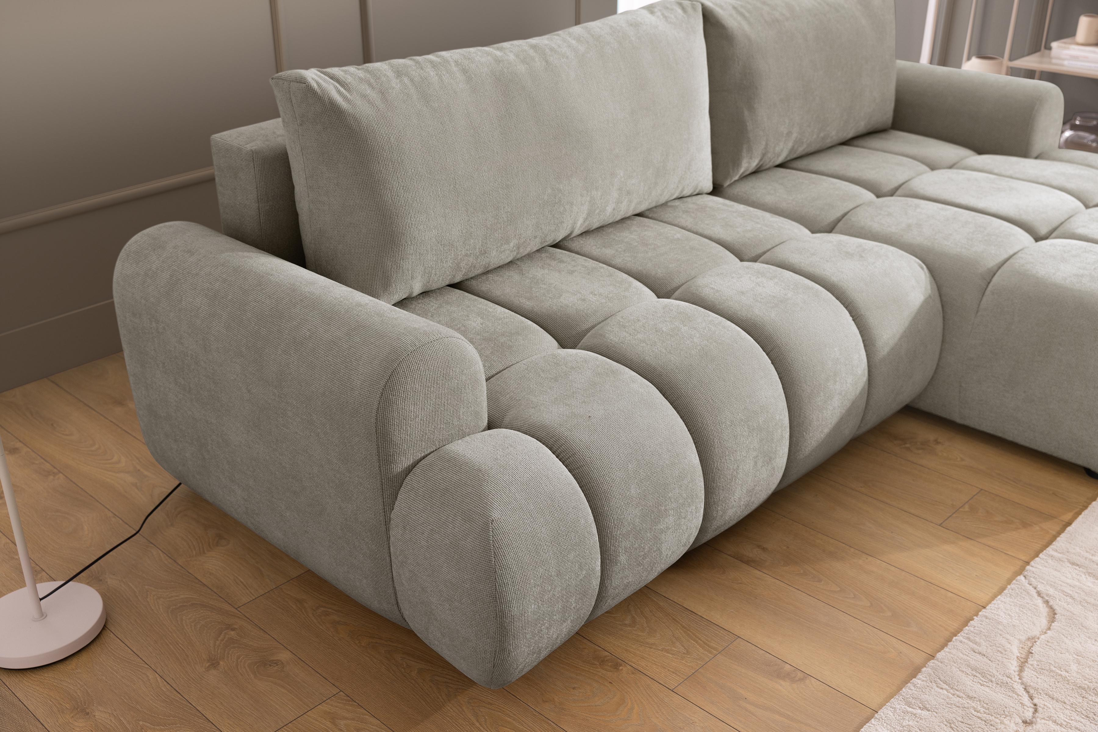 Rohová sedačka Lutario Mini s rozkladem pravá - šedá látka Nazar 225.03 Rohová sedací souprava Lutario Mini rozkládací pravá - šedá potahová látka Nazar 225.03