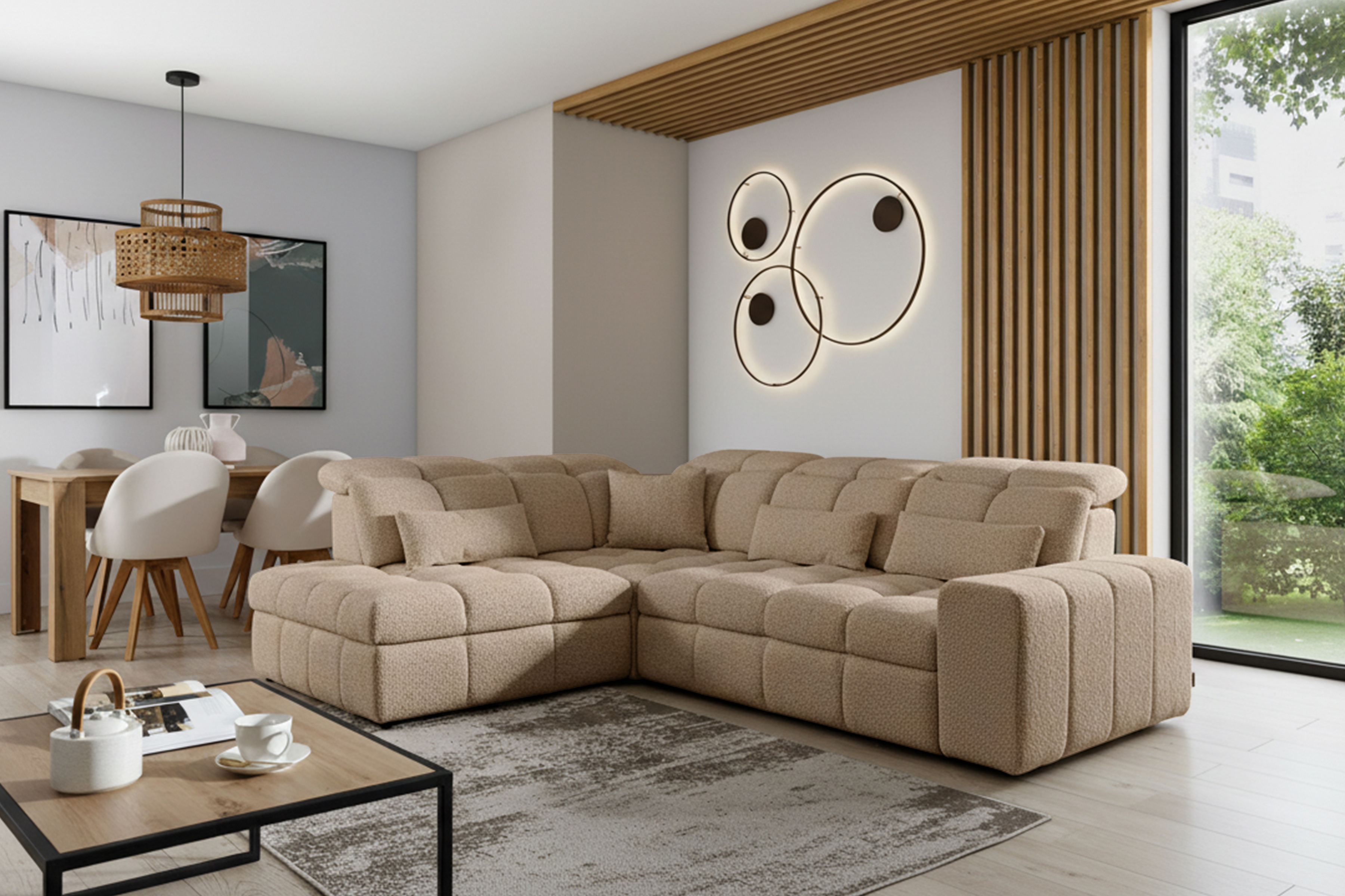 Rohová sedacia súprava Magnelio L ľavá elektrická s funkciou spania - béžová látka bouclé Catch Me 05 - Výpredaj z expozície Rohová sedacia súprava Magnelio L elektryczny s funkciou spánku Ľavá strana - Béžová boucle Catch Me 05