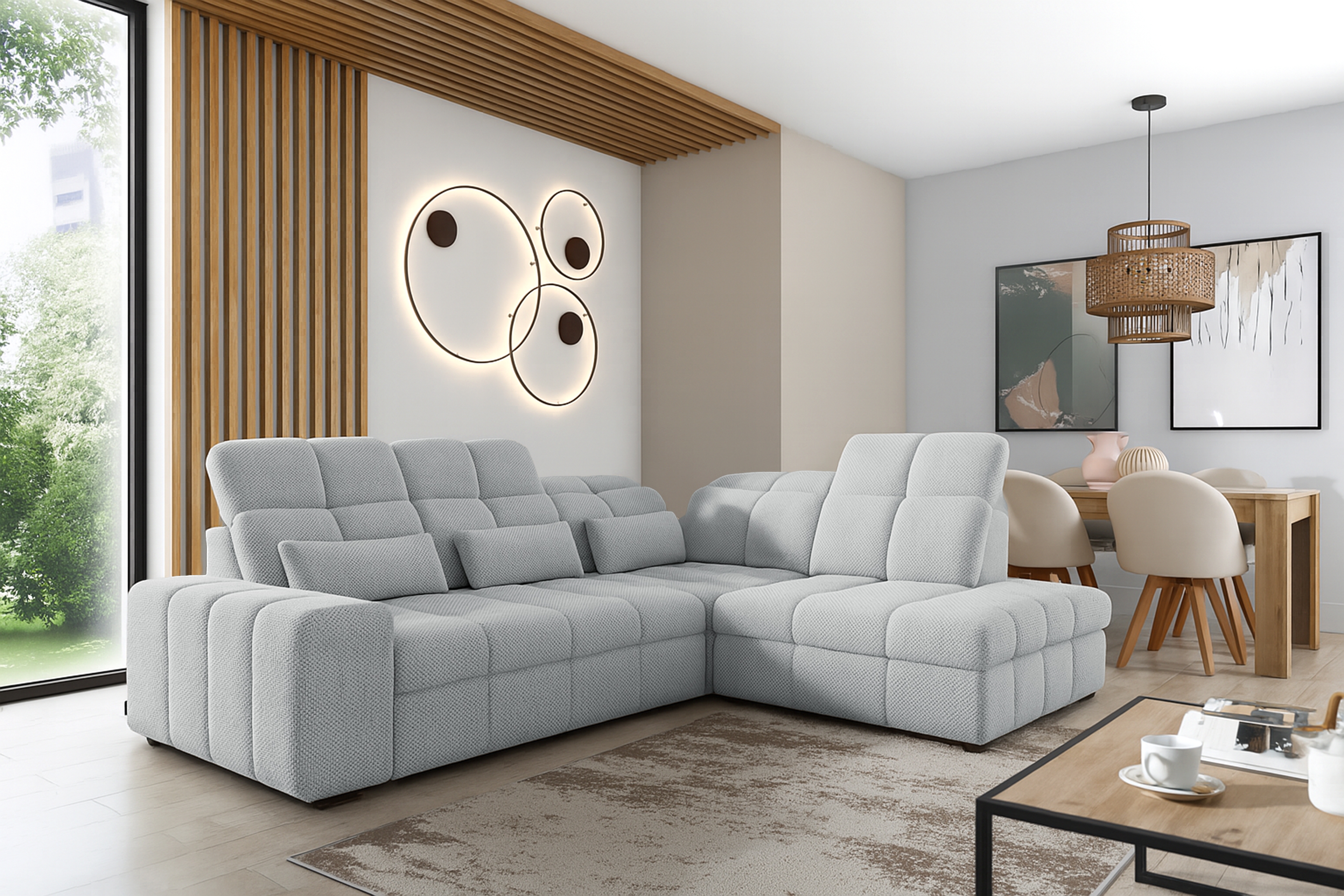 Rohová sedacia súprava Magnelio L s funkciou spania pravá - svetlosivá tkanina Gemma 01 Rohová sedacia súprava Magnelio L s funkciou spánku pravá strana - jasno šedá plecionka Gemma 01