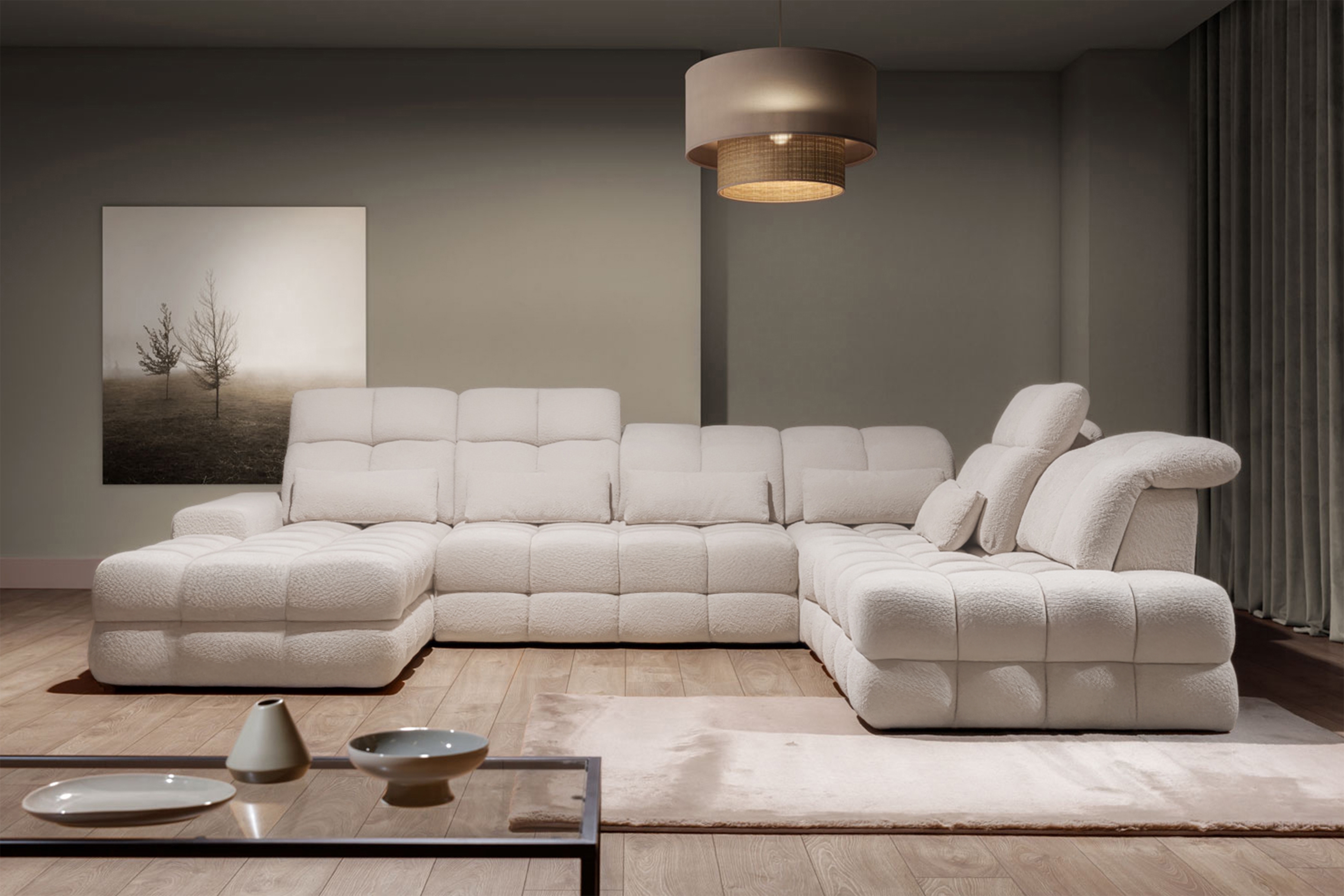 Rohová sedací souprava Magnelio Prestige U II pravá s elektricky výsuvným sedákem - krémová Magni 206-01 Rohová sedací souprava Magnelio Prestige U II z elektricky wysuwanym sedadlem pravá - kremowa plecionka Magni 206-01