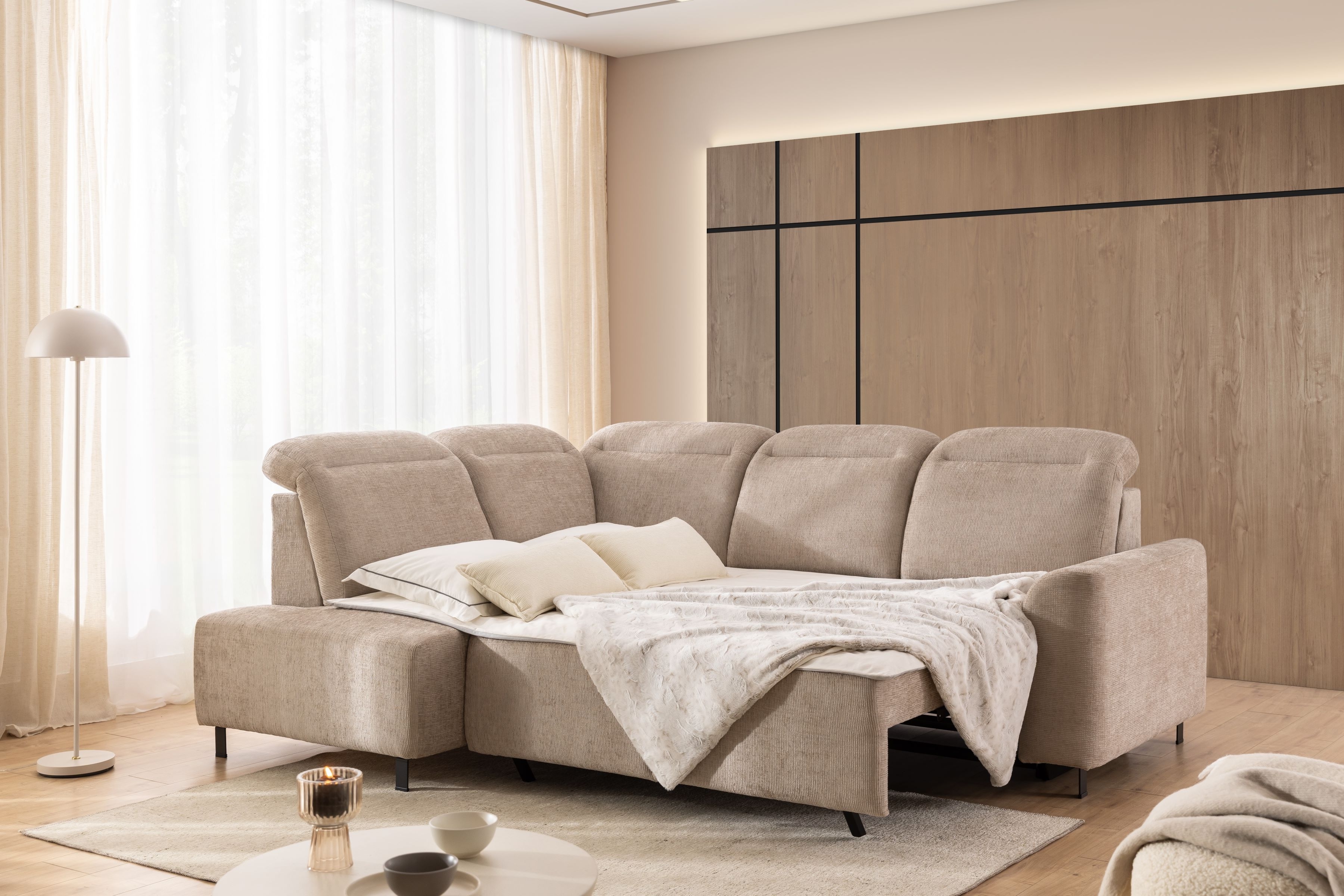 Rohová sedacia súprava Magnis L ľavá s funkciou spania - béžový šenil Sierra 744 Rohová sedacia súprava Magnis L s funkciou spánku Ľavá strana - béžový šenil Sierra 744