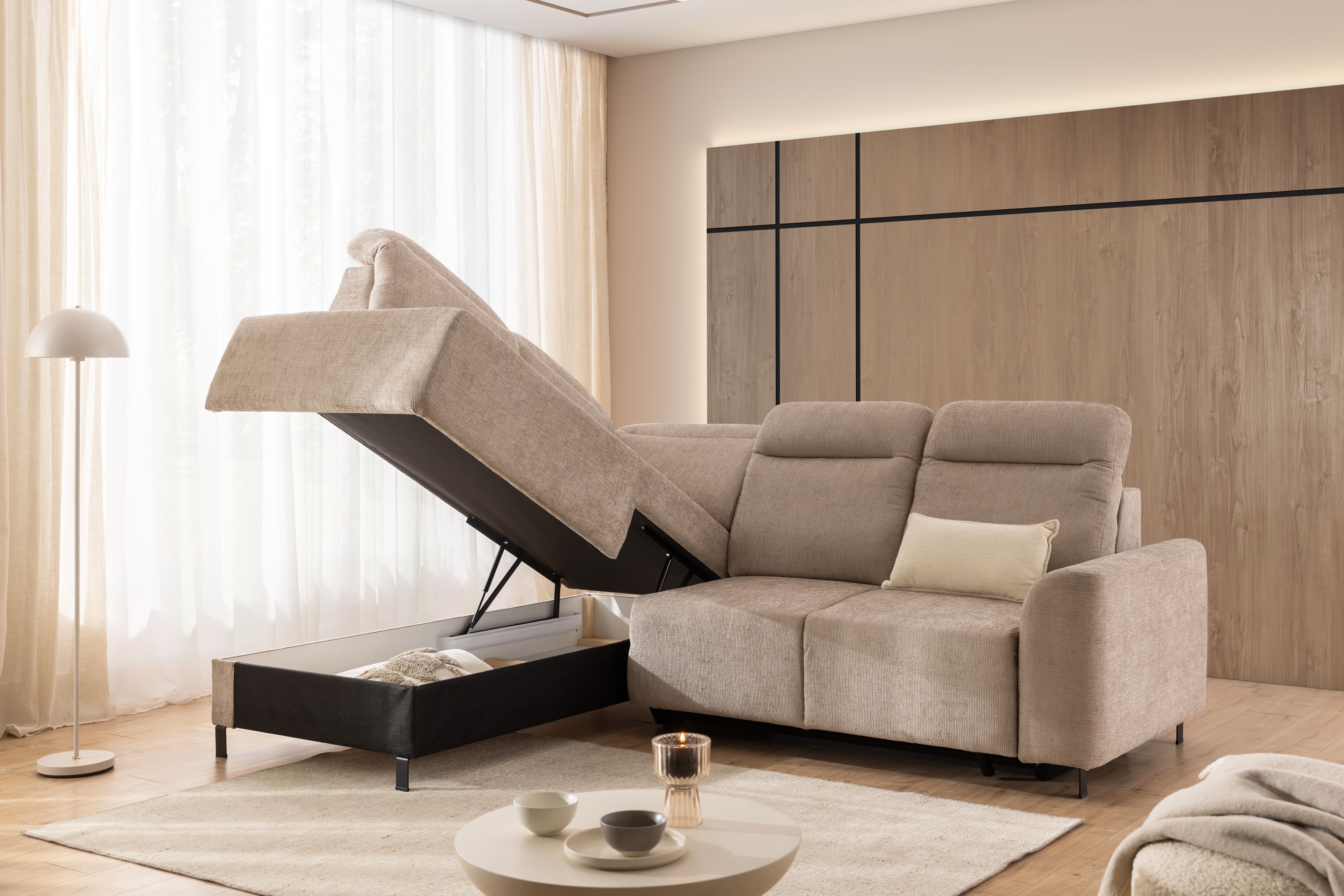 Rohová sedacia súprava Magnis L ľavá s funkciou spania - béžový šenil Sierra 744 Rohová sedacia súprava Magnis L s funkciou spánku Ľavá strana - béžový šenil Sierra 744