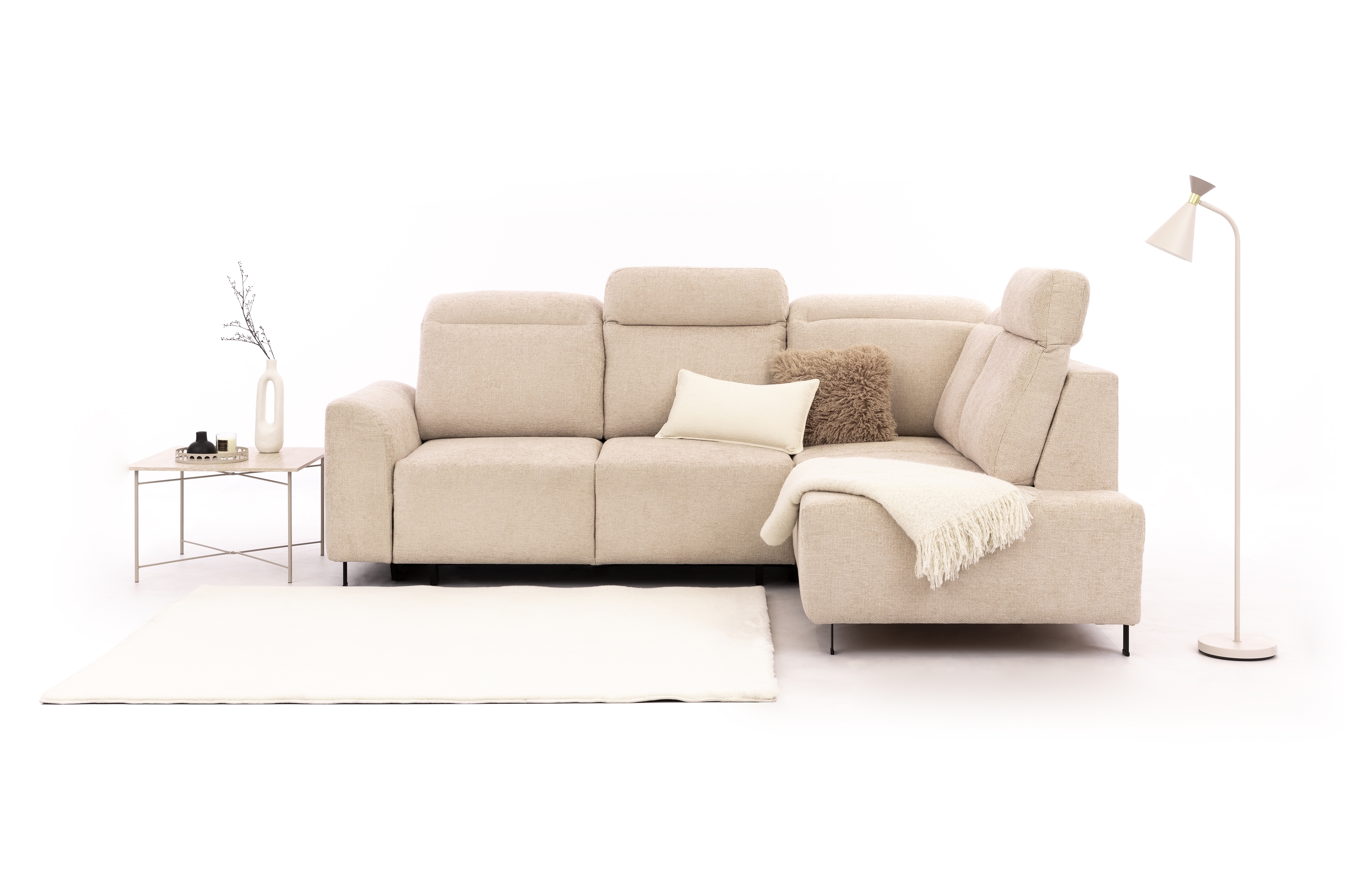 Rohová pohovka Magnis L s rozkladem pravostranná - béžová tkanina Magni 206.03 Rohová sedací souprava Magnis L rozkládací pravá - béžová plecionka Magni 206.03