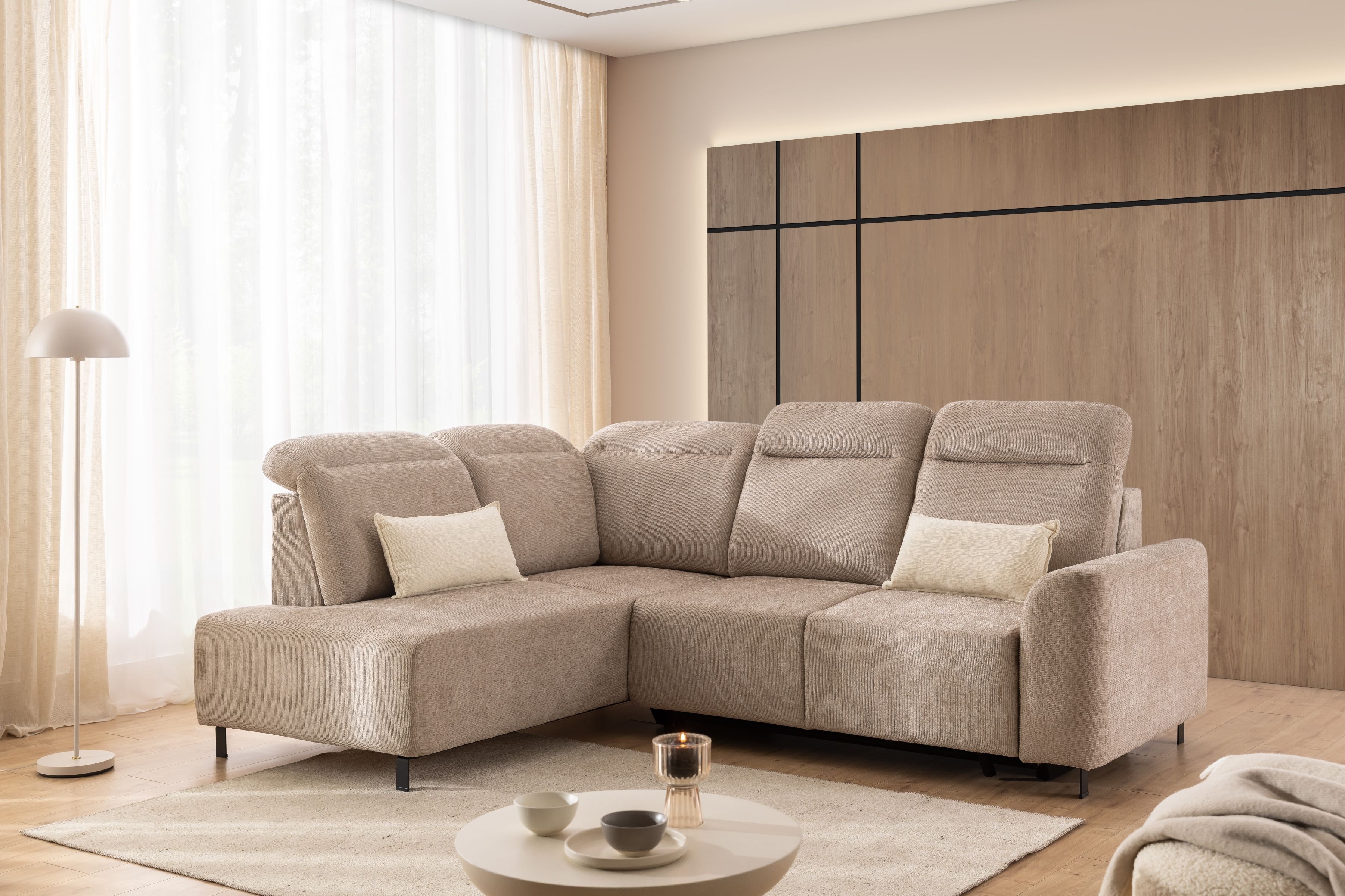 Rohová sedacia súprava Magnis L ľavá s funkciou spania - béžový šenil Sierra 744 Rohová sedacia súprava Magnis L s funkciou spánku Ľavá strana - béžový šenil Sierra 744