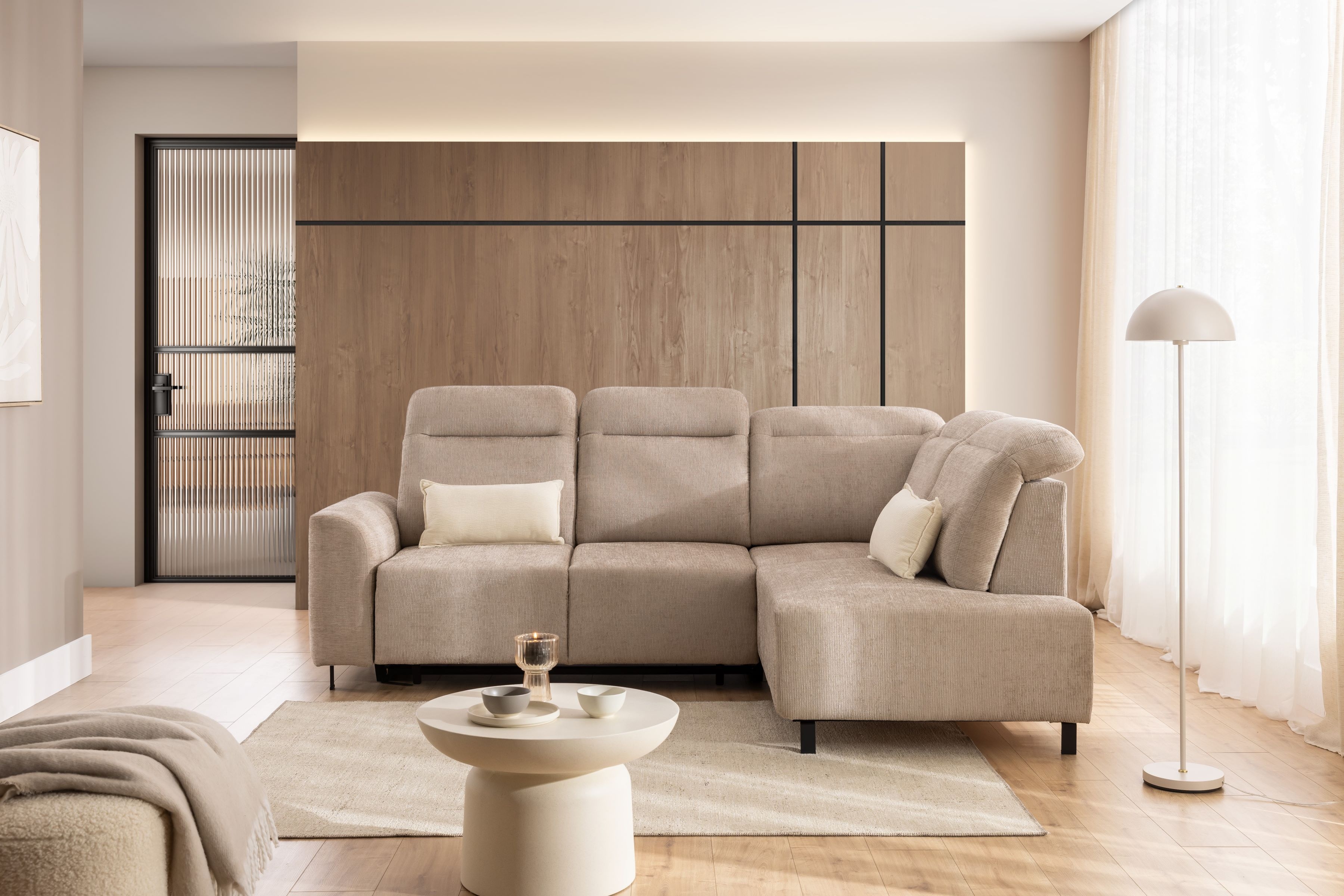 Rohová sedacia súprava Magnis L s funkciou spania pravá - béžový šenil Sierra 744 - Koncovka Série Rohová sedacia súprava Magnis L s funkciou spánku pravá strana - béžový šenil Sierra 744 - Koncovka Série