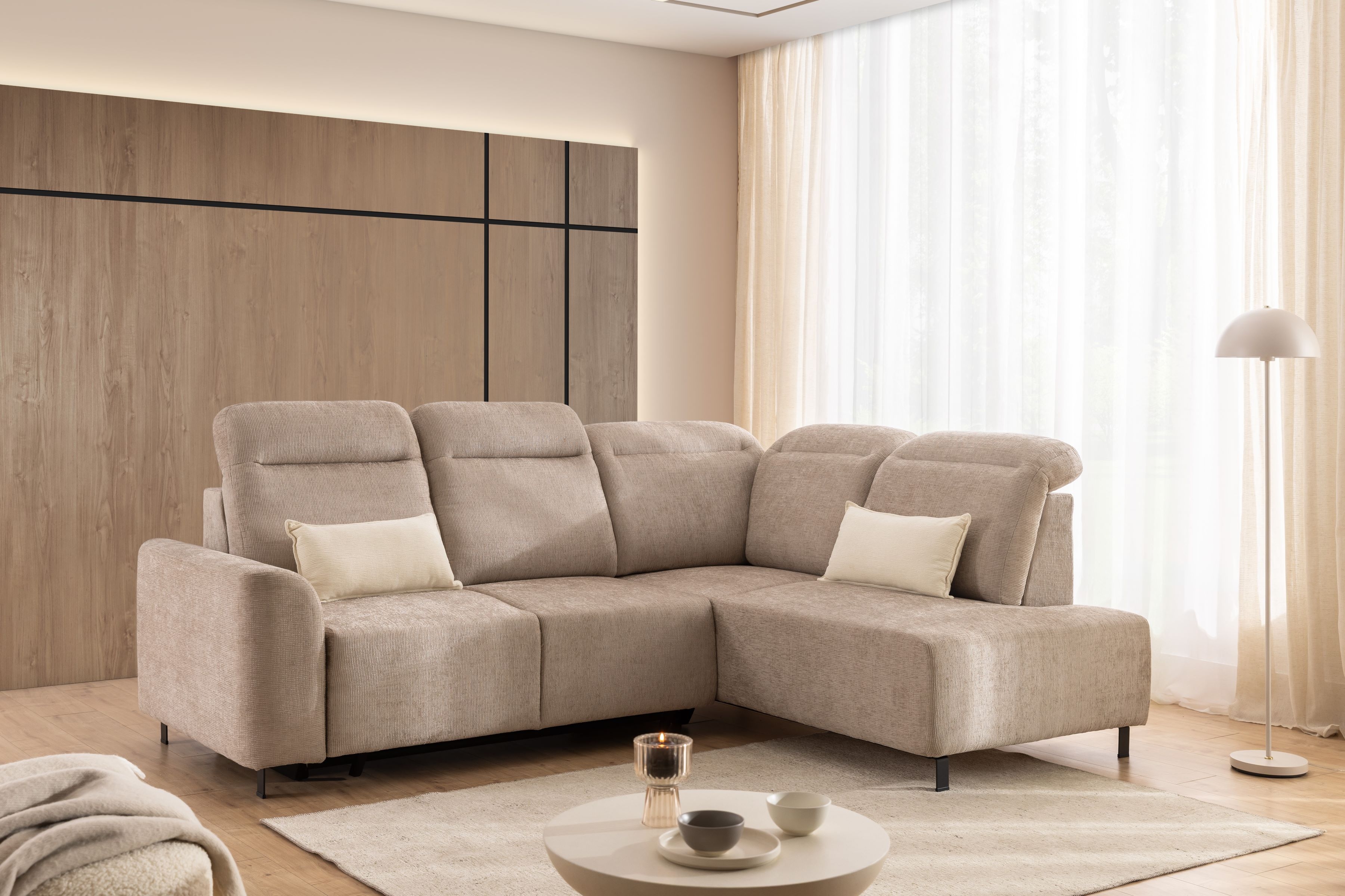 Rohová sedacia súprava Magnis L s funkciou spania pravá - béžový šenil Sierra 744 - Koncovka Série Rohová sedacia súprava Magnis L s funkciou spánku pravá strana - béžový šenil Sierra 744 - Koncovka Série