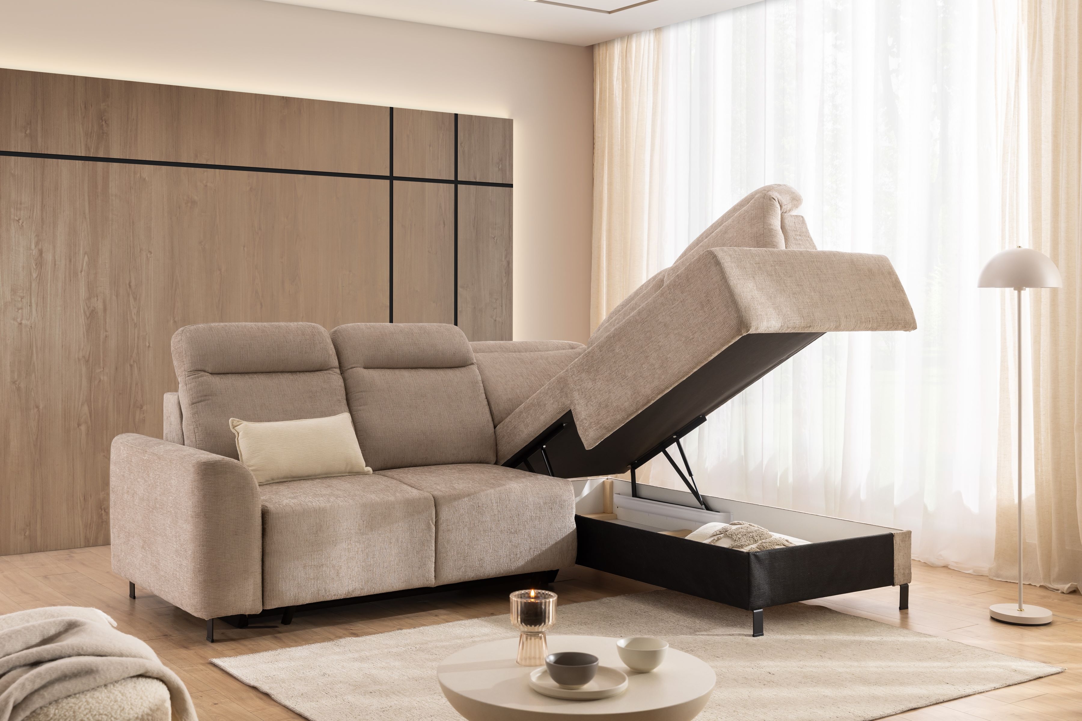 Rohová sedacia súprava Magnis L s funkciou spania pravá - béžový šenil Sierra 744 - Koncovka Série Rohová sedacia súprava Magnis L s funkciou spánku pravá strana - béžový šenil Sierra 744 - Koncovka Série