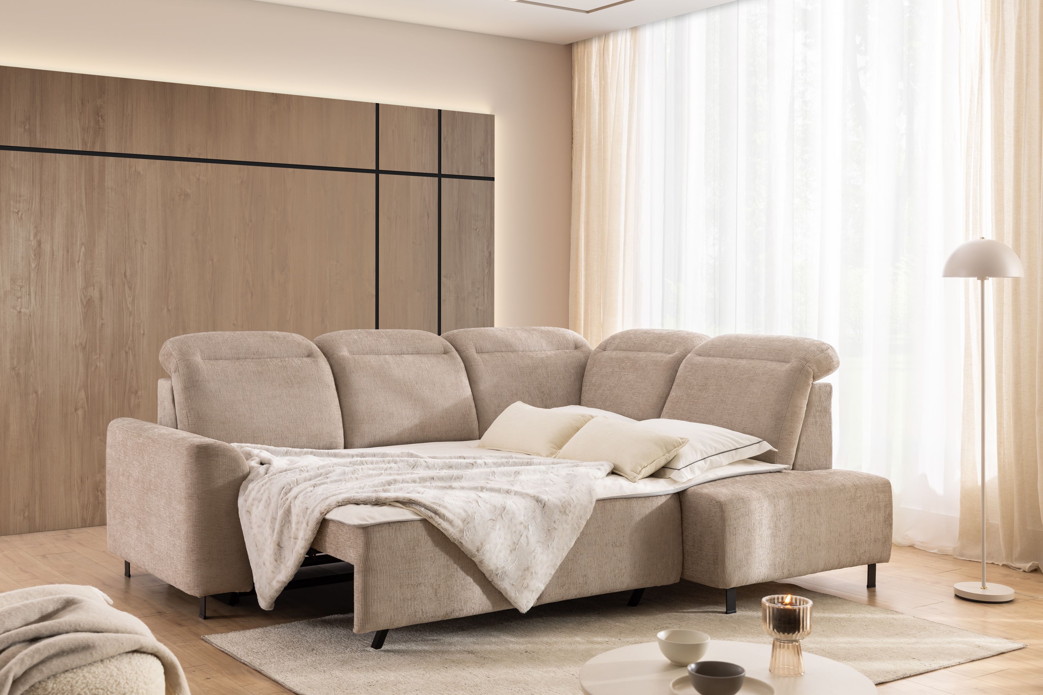 Rohová pohovka Magnis L pravá s funkcí spánku - béžový szenil Sierra 744 Rohová sedací souprava Magnis L rozkládací pravá - béžová šenil Sierra 744