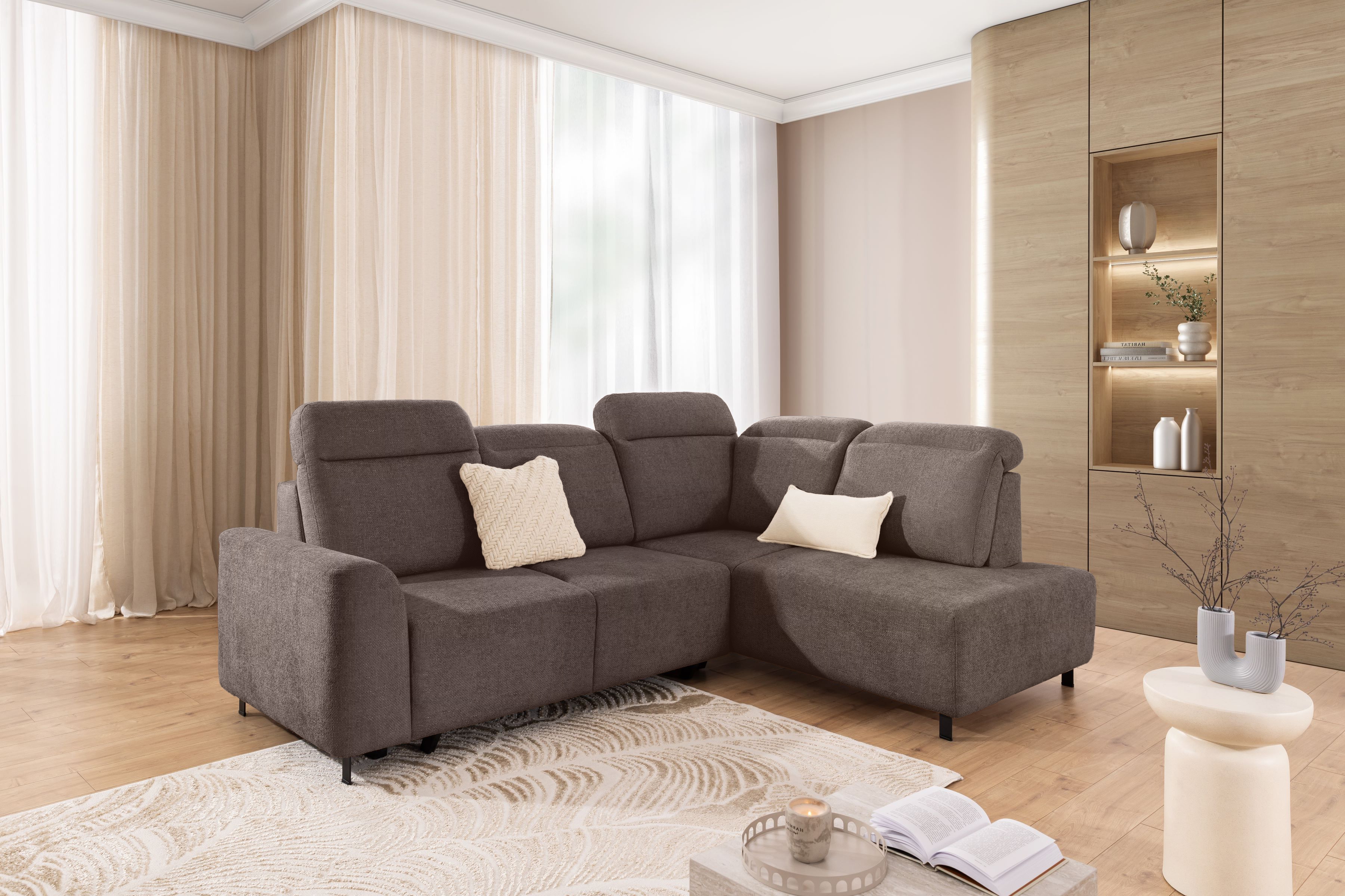 Rohová pohovka Magnis L pravá s funkcí spánku - hnědá tkanina Ado 1604 Rohová sedací souprava Magnis L rozkládací pravá - hnědá plecionka Ado 1604 