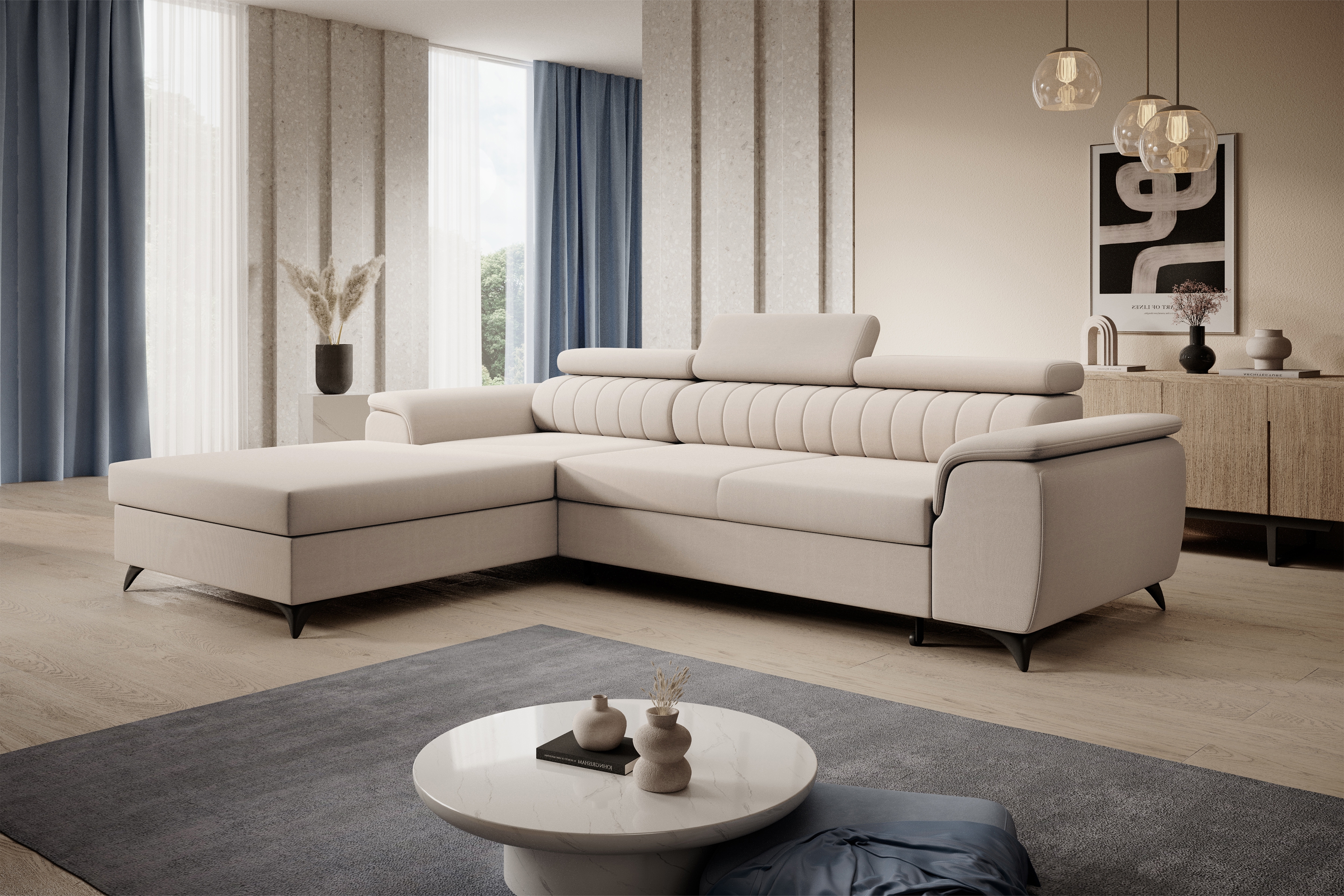 Rozkladacia rohová sedacia súprava Monrose Mini ľavá - béžový plyš Pretty 03 Rohová sedacia súprava Monrose L II s funkciou spánku Ľavá strana - béžový plusz Pretty 03 