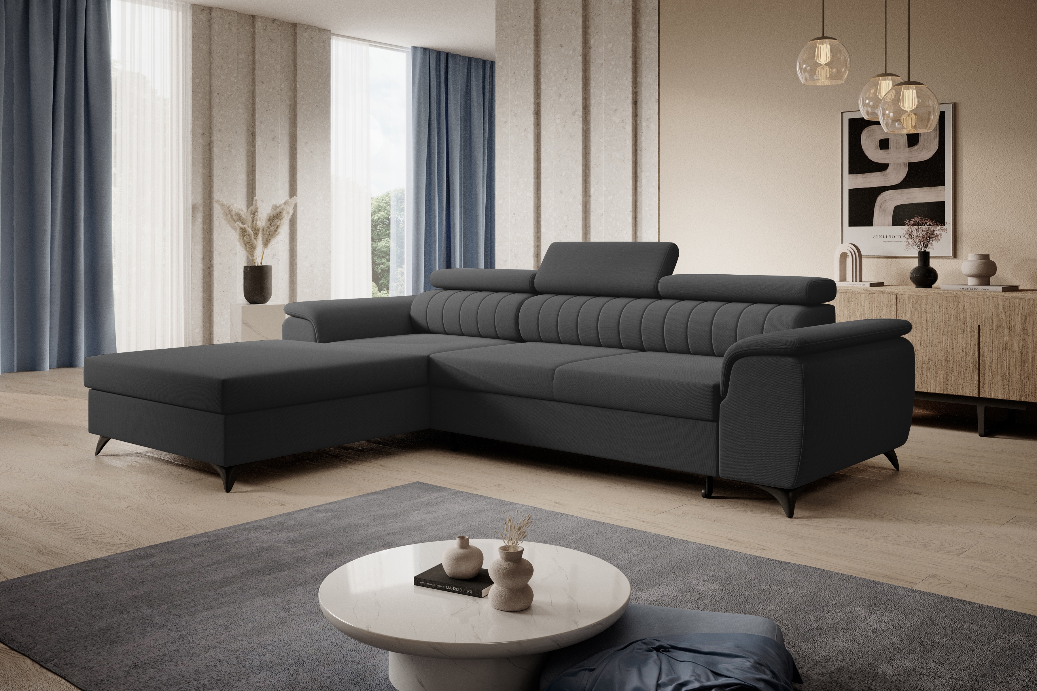 Rozkladacia rohová sedacia súprava Monrose Mini ľavá - grafitový plyš Pretty 21 Rohová sedacia súprava Monrose L II s funkciou spánku Ľavá strana - Grafitový plusz Pretty 21 