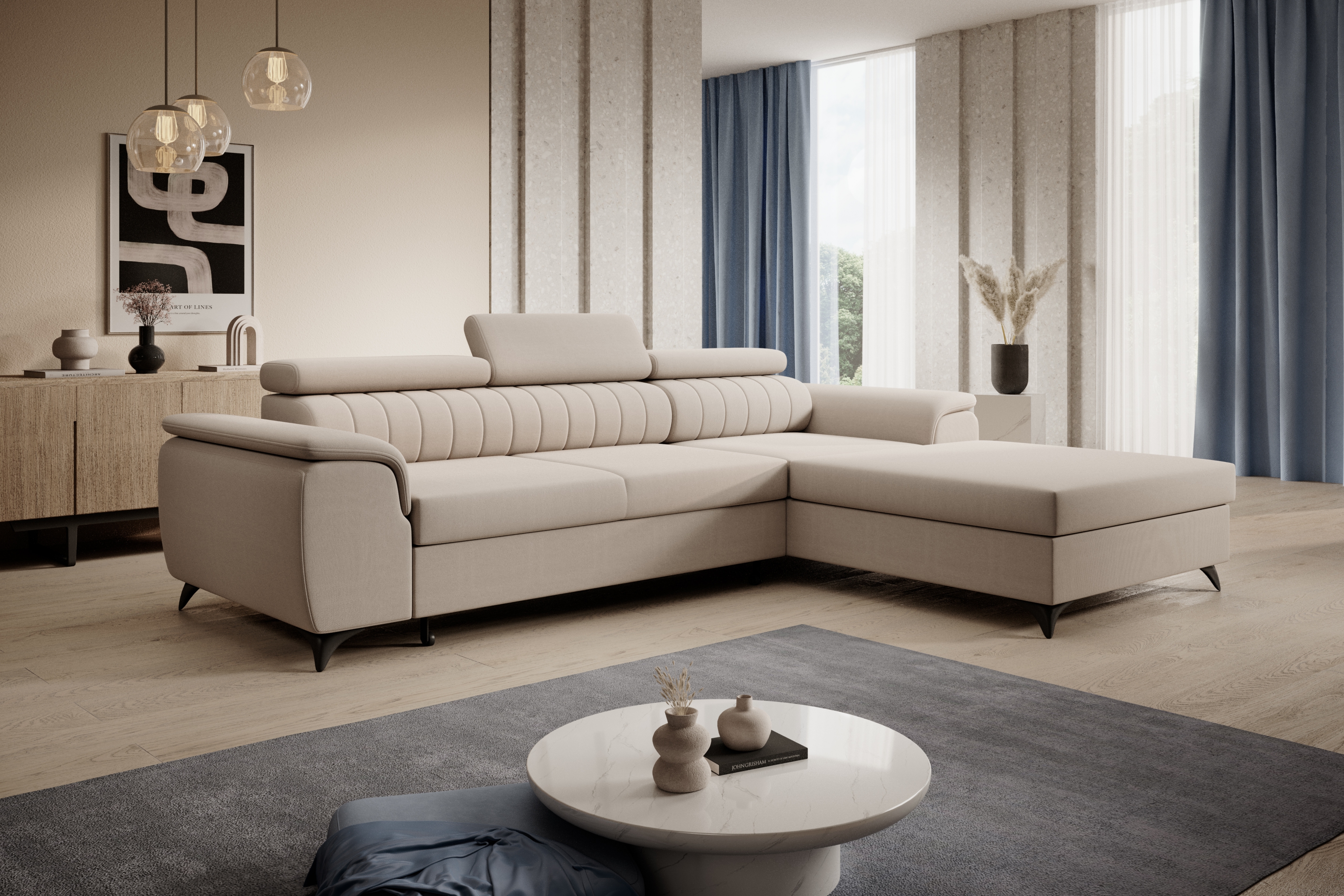 Rozkládací rohová sedací souprava Monrose Mini pravá - béžová Pretty 03 Rohová sedací souprava Monrose L II rozkládací pravá - béžová plusz Pretty 03