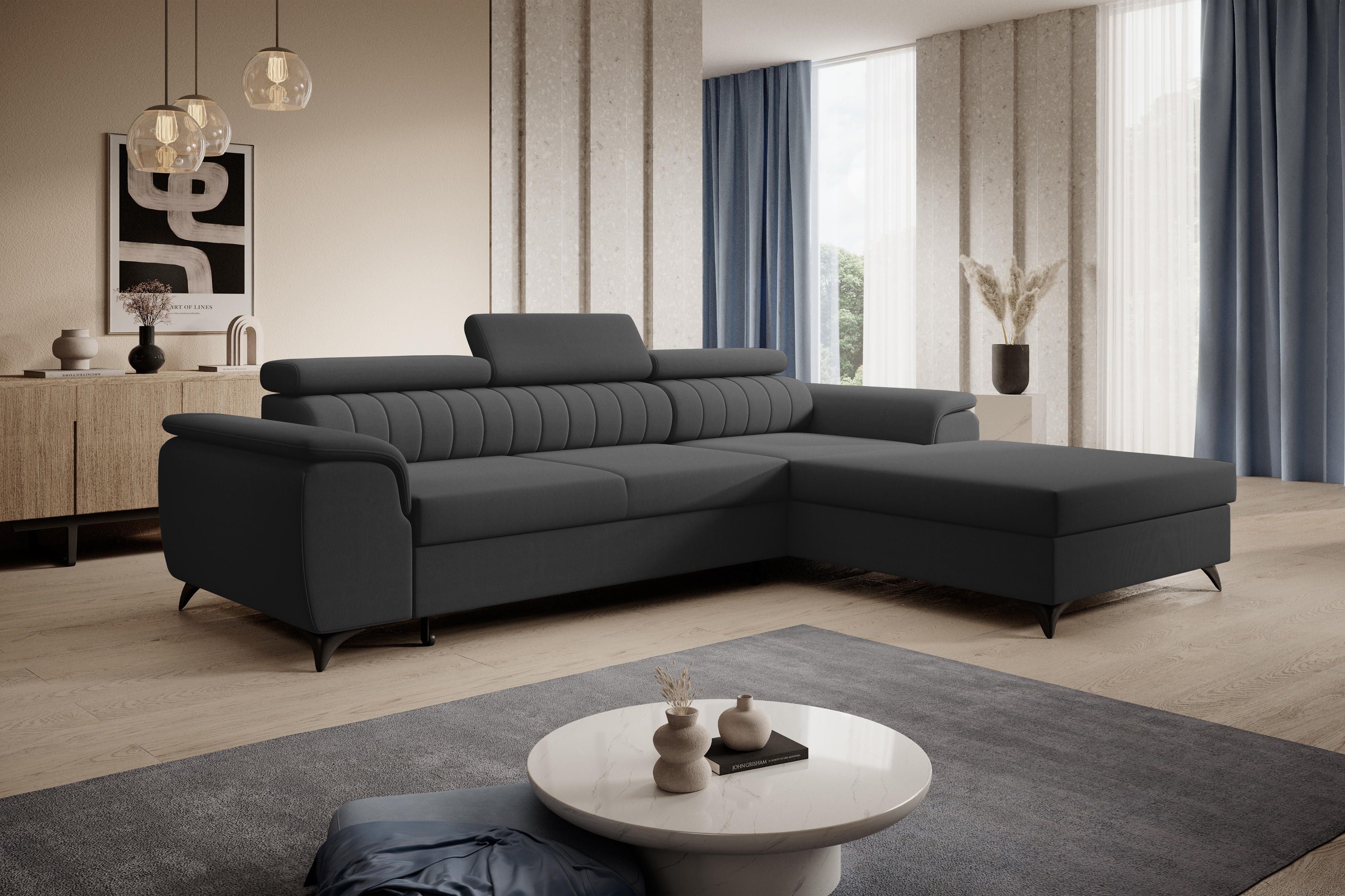 Rozkládací rohová sedací souprava Monrose Mini pravá - grafitová Pretty 21 Rohová sedací souprava Monrose L II rozkládací pravá - grafitová plusz Pretty 21