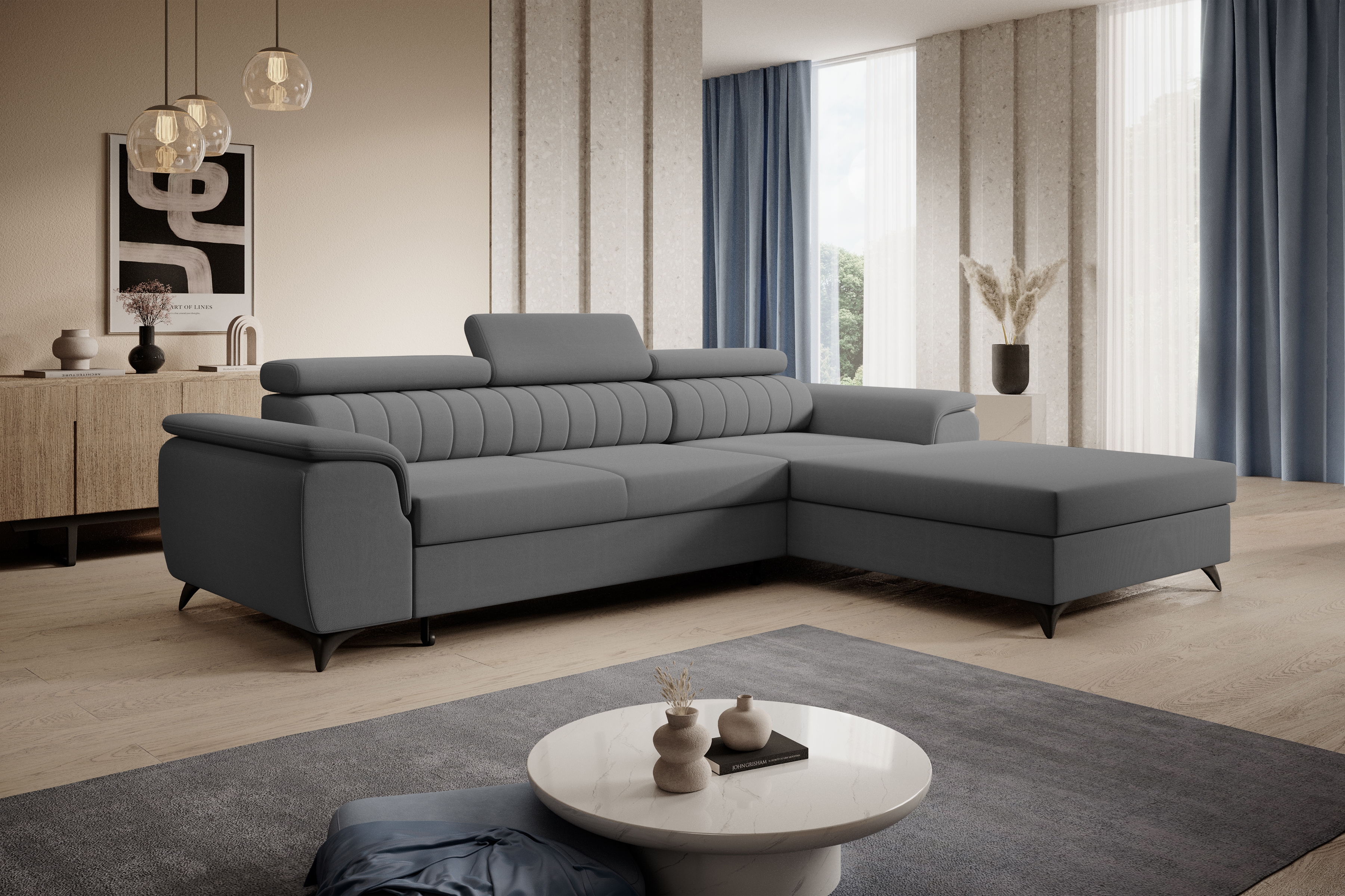 Rozkládací rohová sedací souprava Monrose Mini pravá - šedá Pretty 17 Rohová sedací souprava Monrose L II rozkládací pravá - šedá plusz Pretty 17