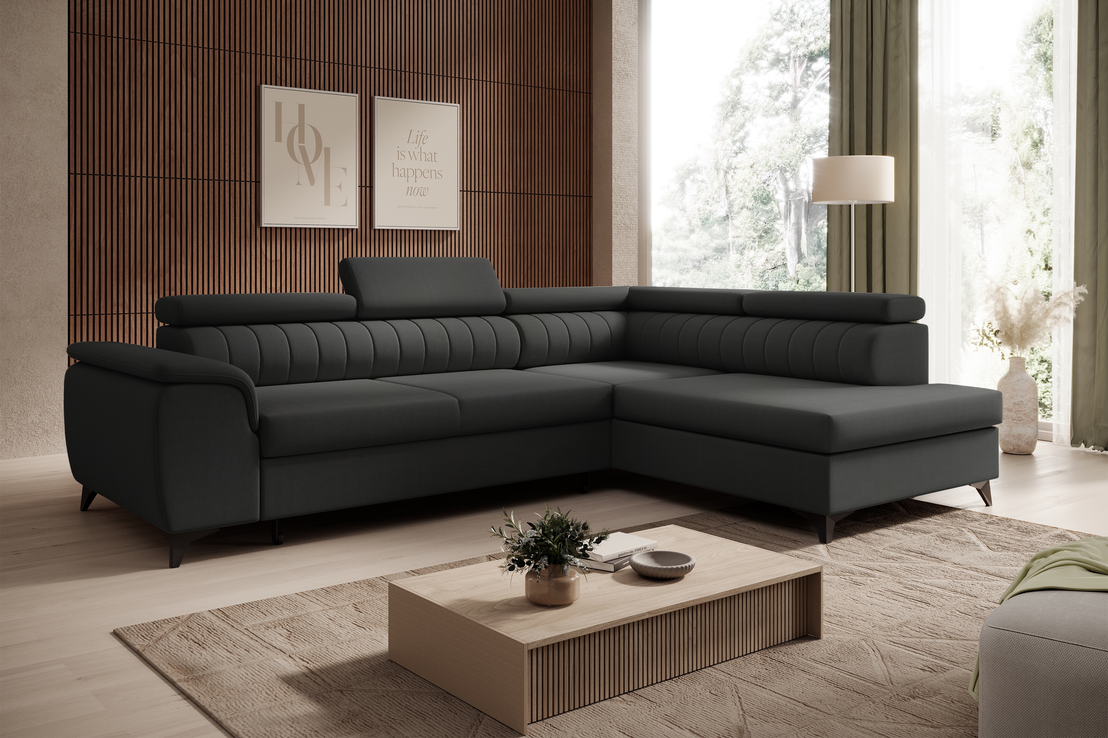 Rohová pohovka Monrose L pravá s funkcí spánku - tmavě šedý welvet Zetta 305 Rohová sedací souprava Monrose L rozkládací pravá - tmavě šedá welwet latwoczyszczacy Zetta 305