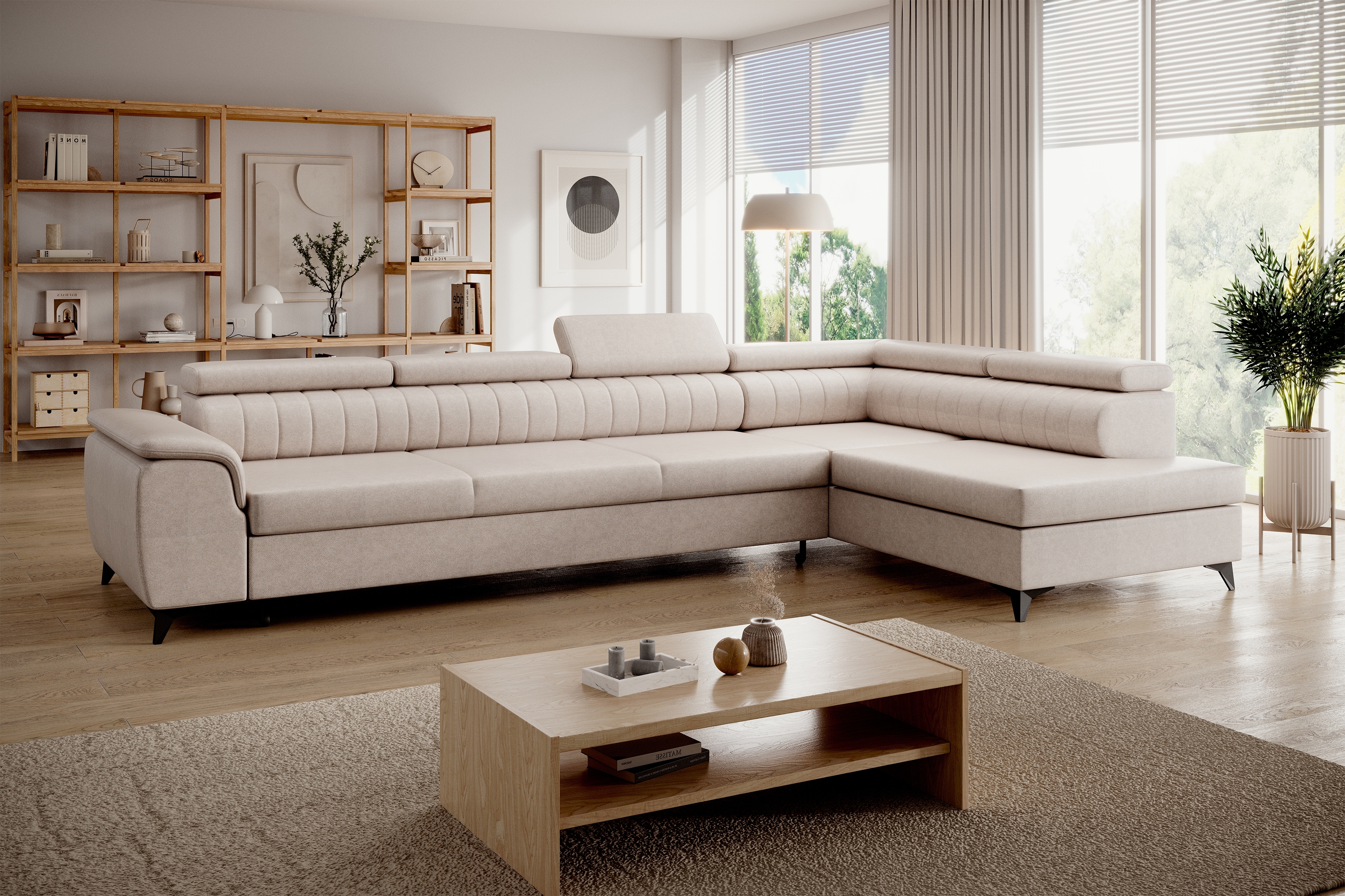 Rohová pohovka Monrose Maxi pravá s funkcí spánku - krémová tkanina Ado 1601 Halva Rohová sedací souprava Monrose Maxi rozkládací pravá - kremowa plecionka Ado 1601 Halva